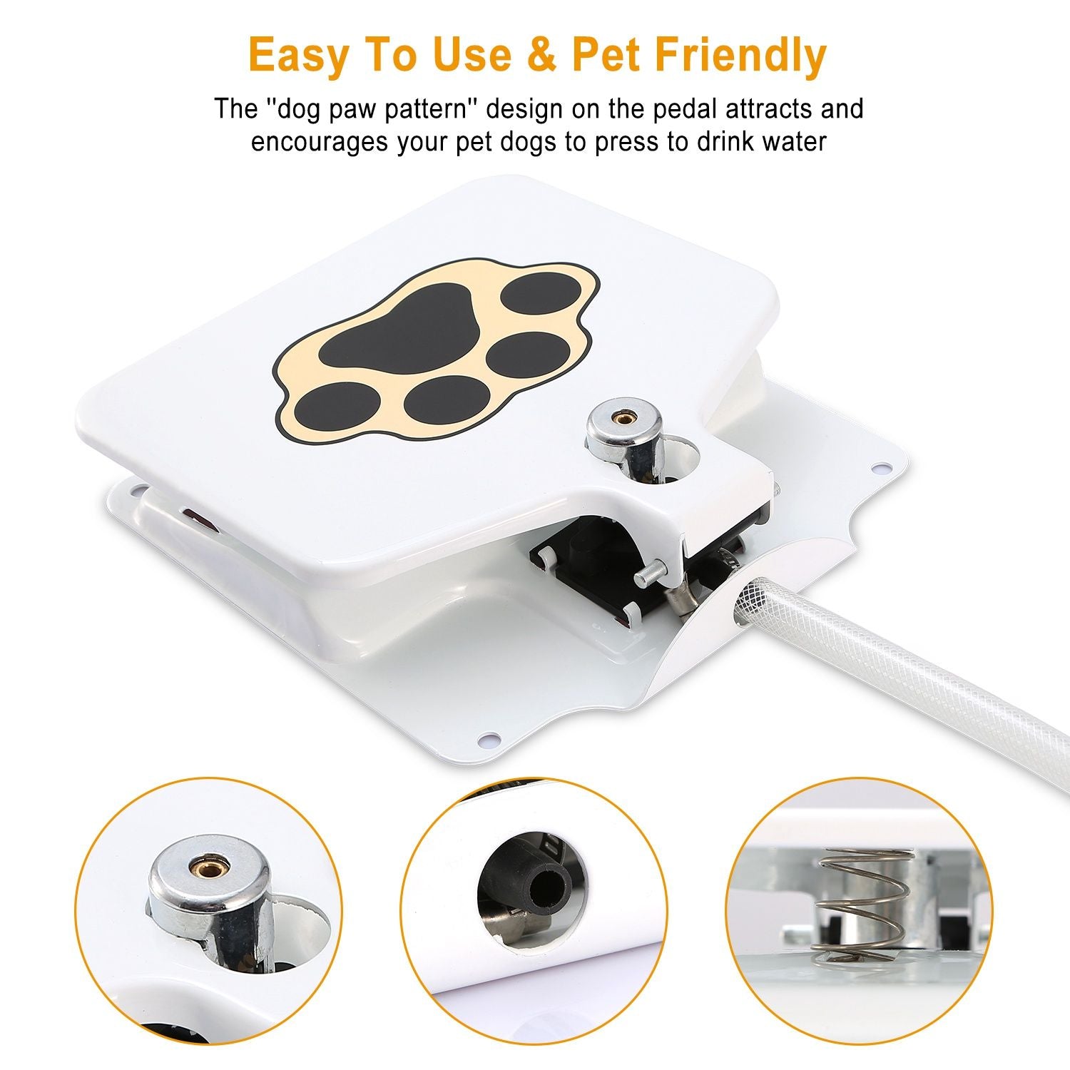 White outdoor dog water fountain pedal with dog paw pattern and metal spring mechanism