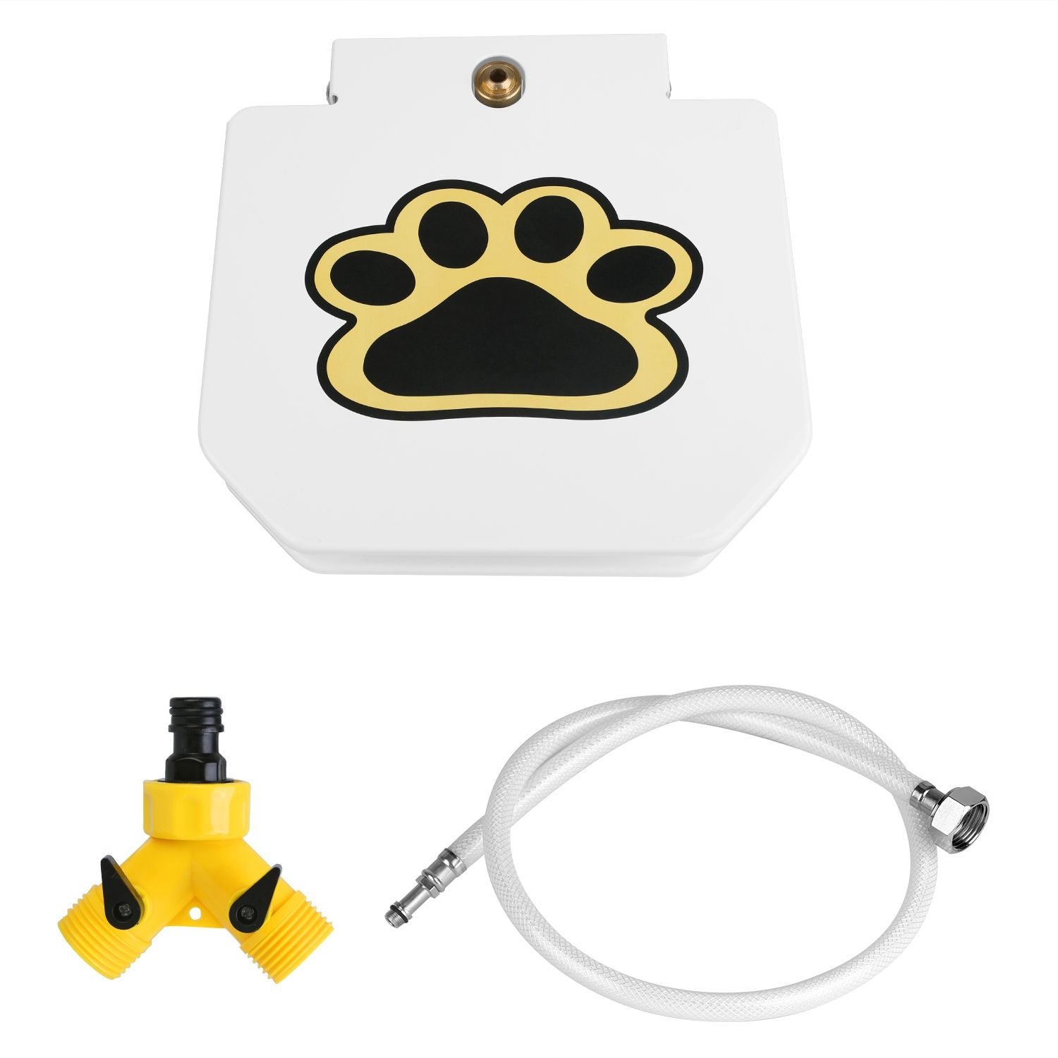 Outdoor dog water fountain set from PawCounter.com with white paw print dispenser, yellow hose splitter, and flexible white hose
