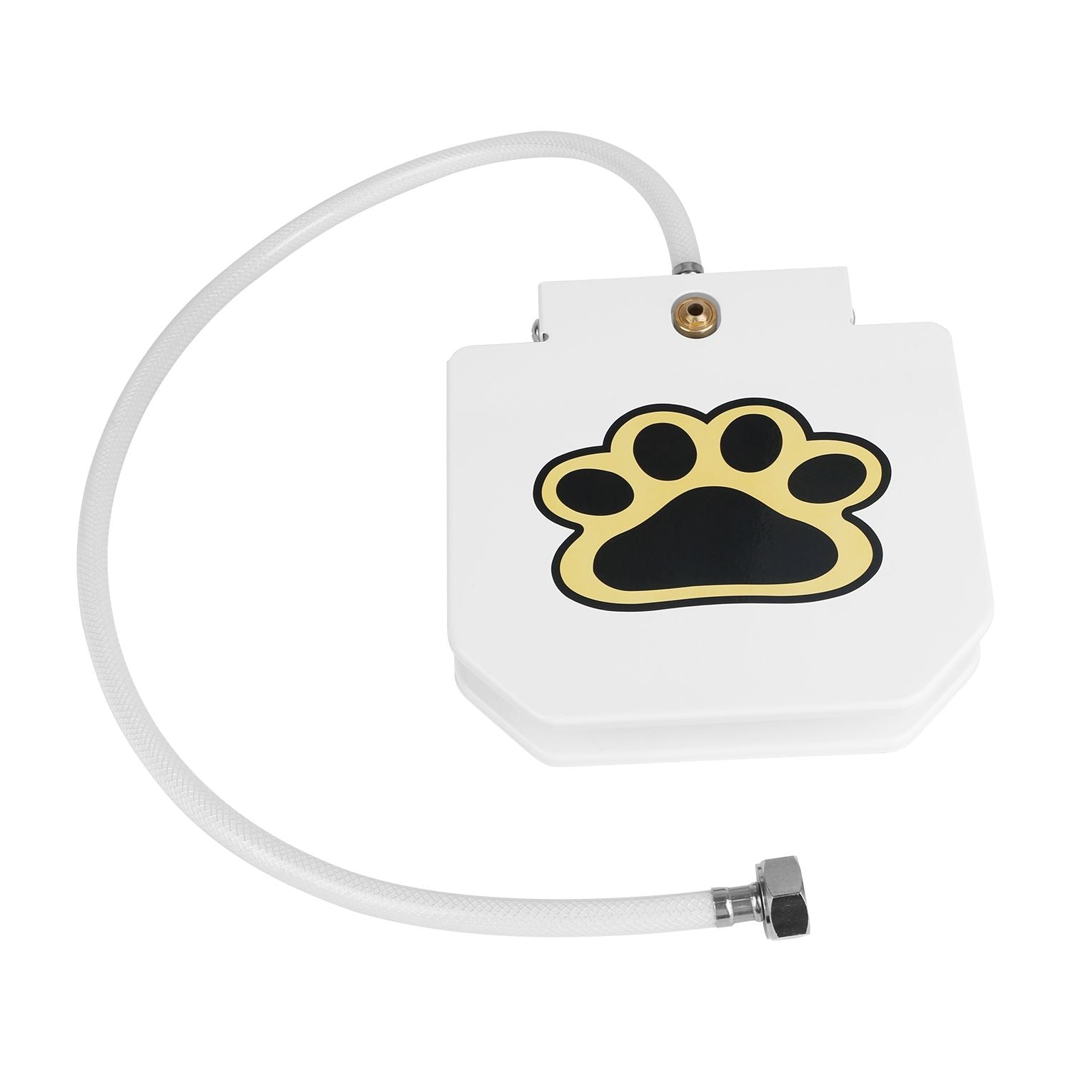 White outdoor dog water fountain with paw print design and flexible water hose for pets