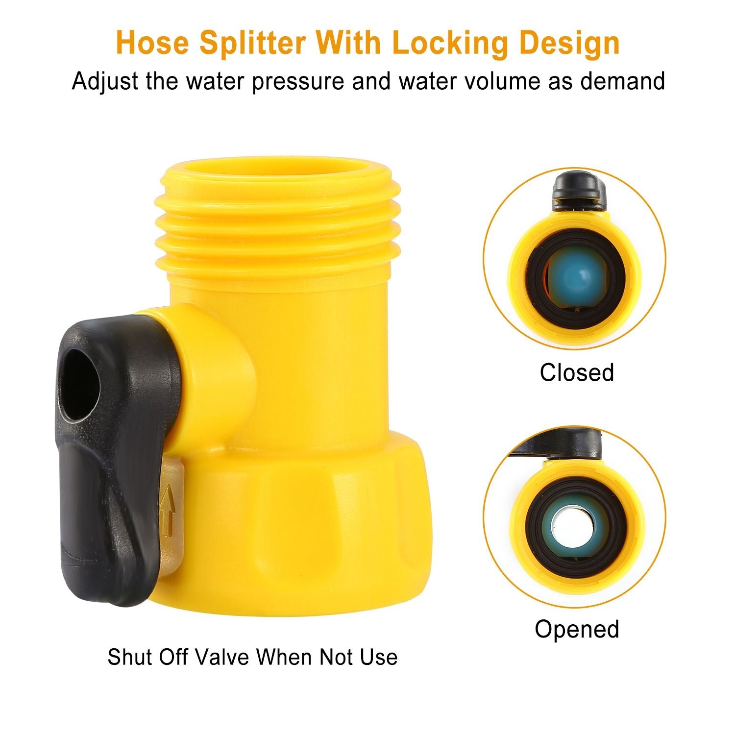 Yellow hose splitter with locking design and shut off valve for outdoor dog water fountain use