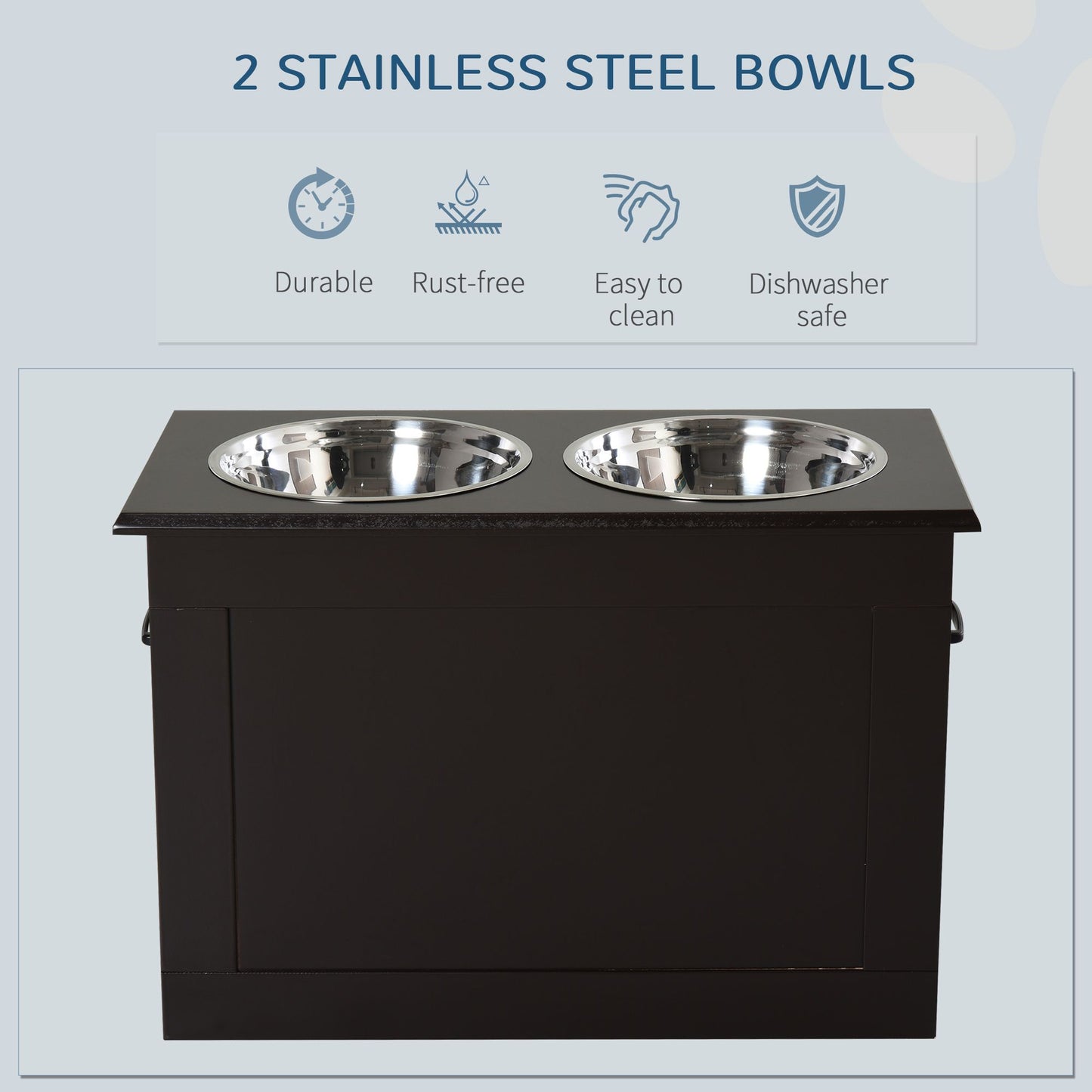 Raised dog feeding station with two stainless steel bowls durable rust-free and dishwasher safe
