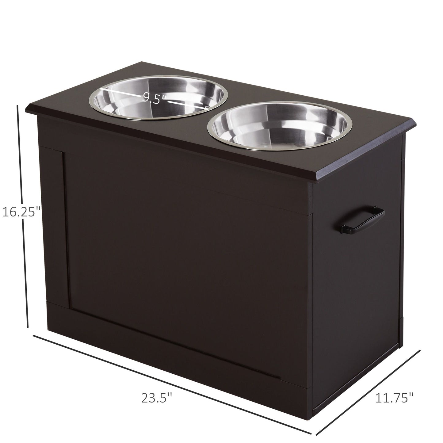 Raised dog feeding station with two stainless steel bowls and dark wood finish from PawCounter.com