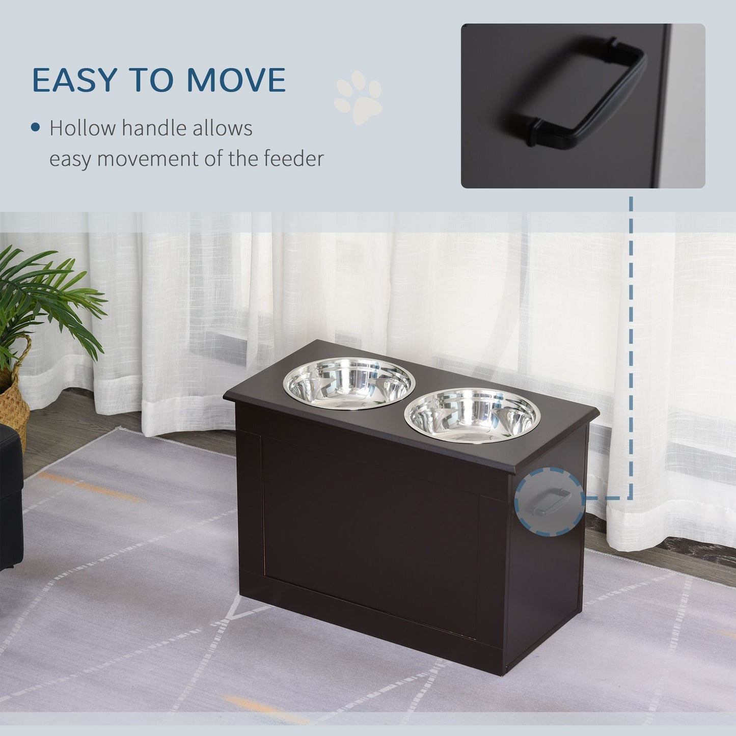 PawCounter.com raised dog feeding station with two stainless steel bowls and hollow handle for easy movement