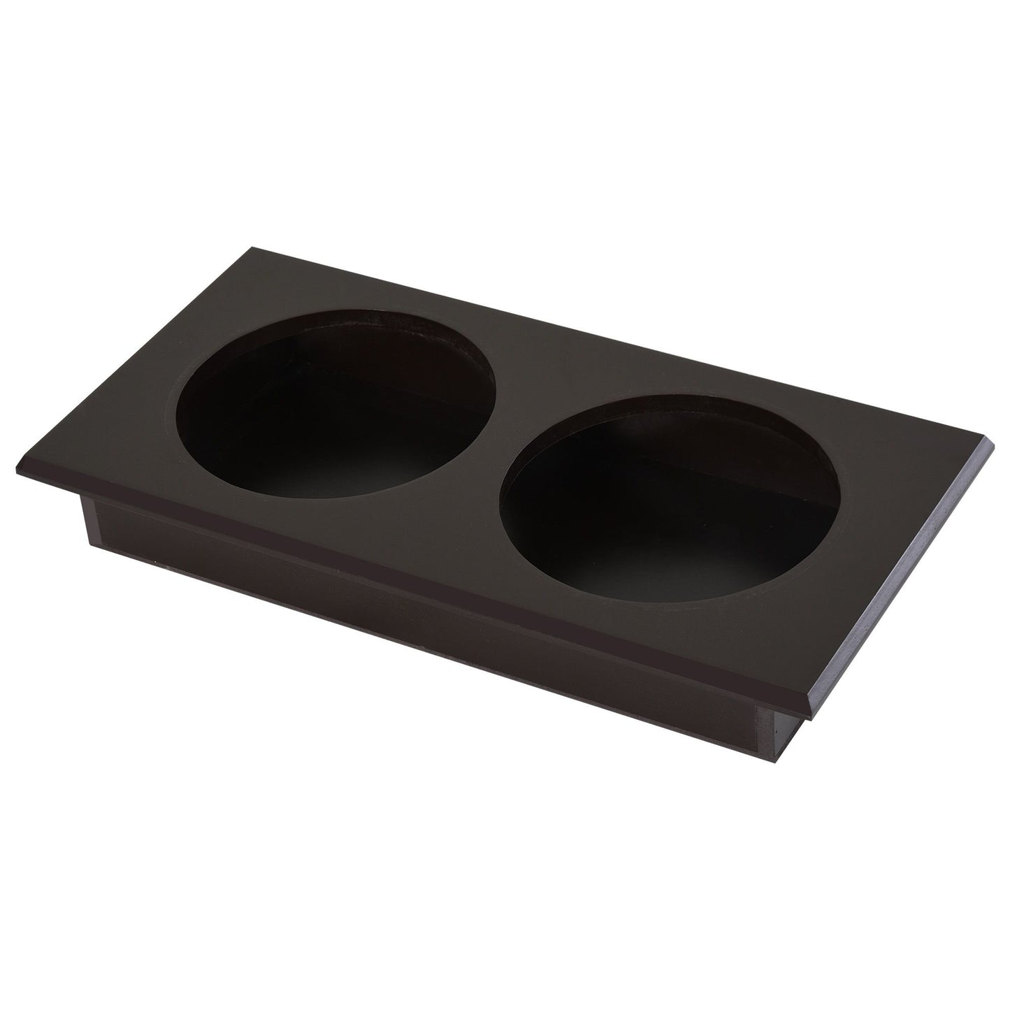 Dark brown wooden raised dog feeding station with two round bowl holders from PawCounter.com