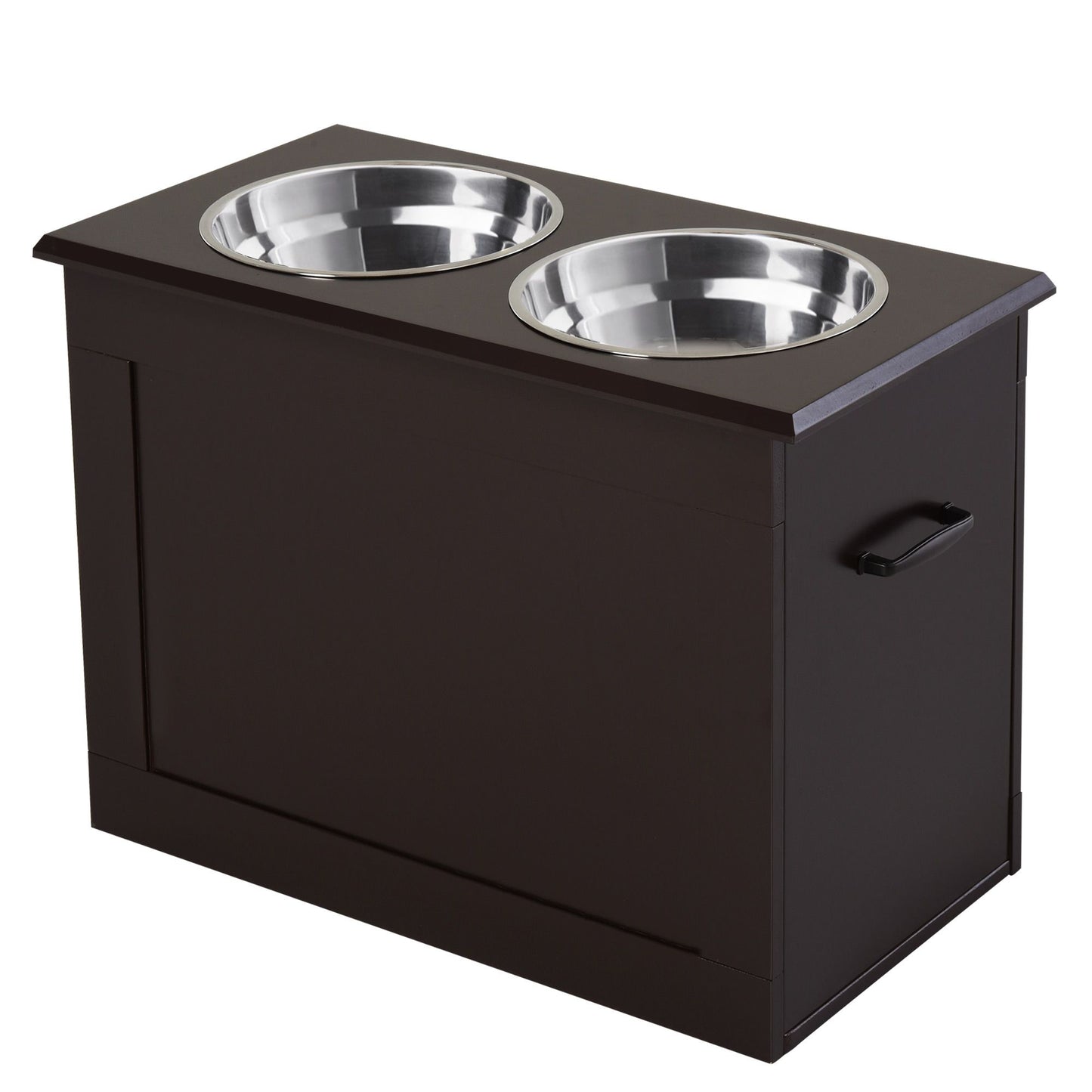 PawCounter.com raised dog feeding station with two stainless steel bowls and dark wooden frame