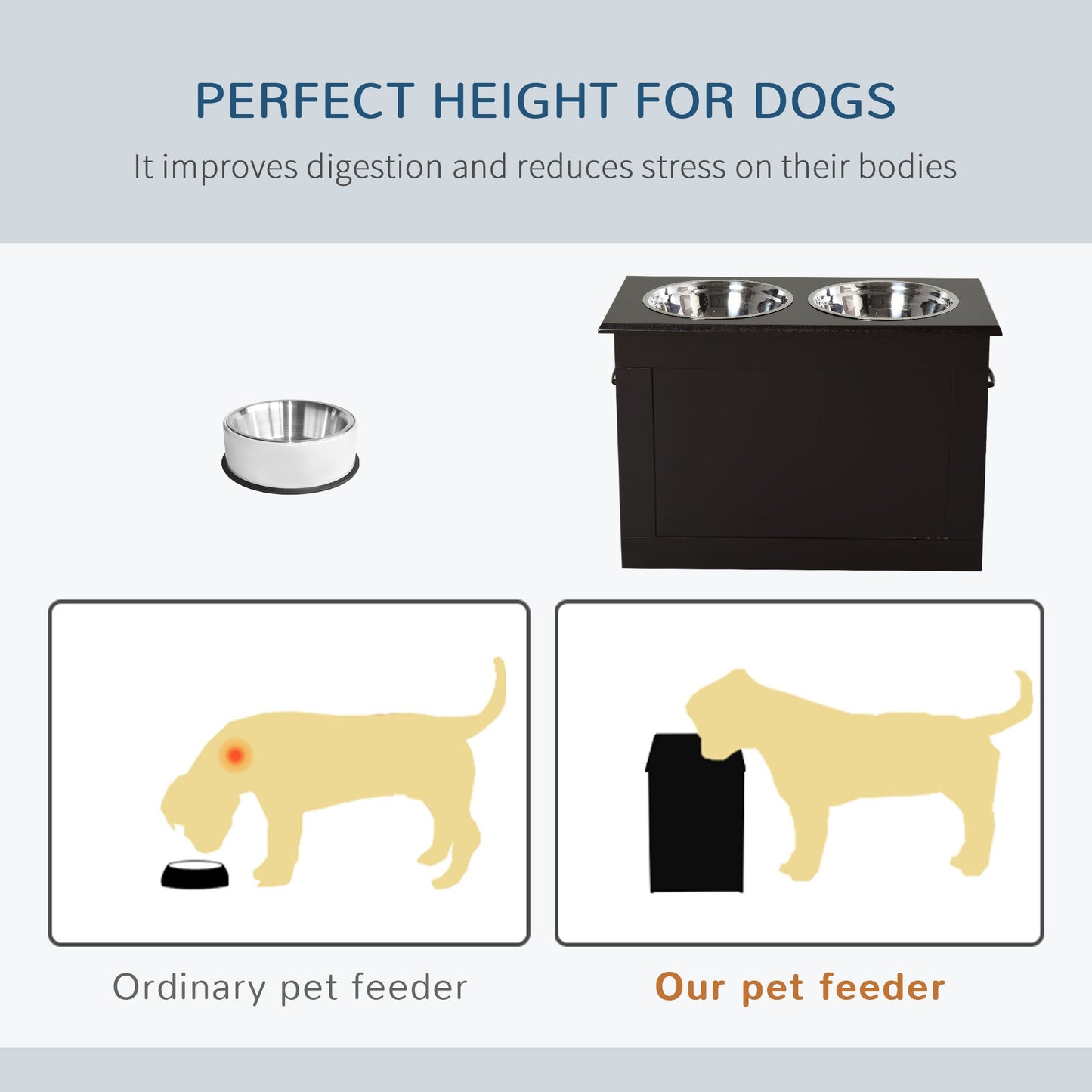 Raised dog feeding station by PawCounter.com with two stainless steel bowls for improved digestion and reduced stress