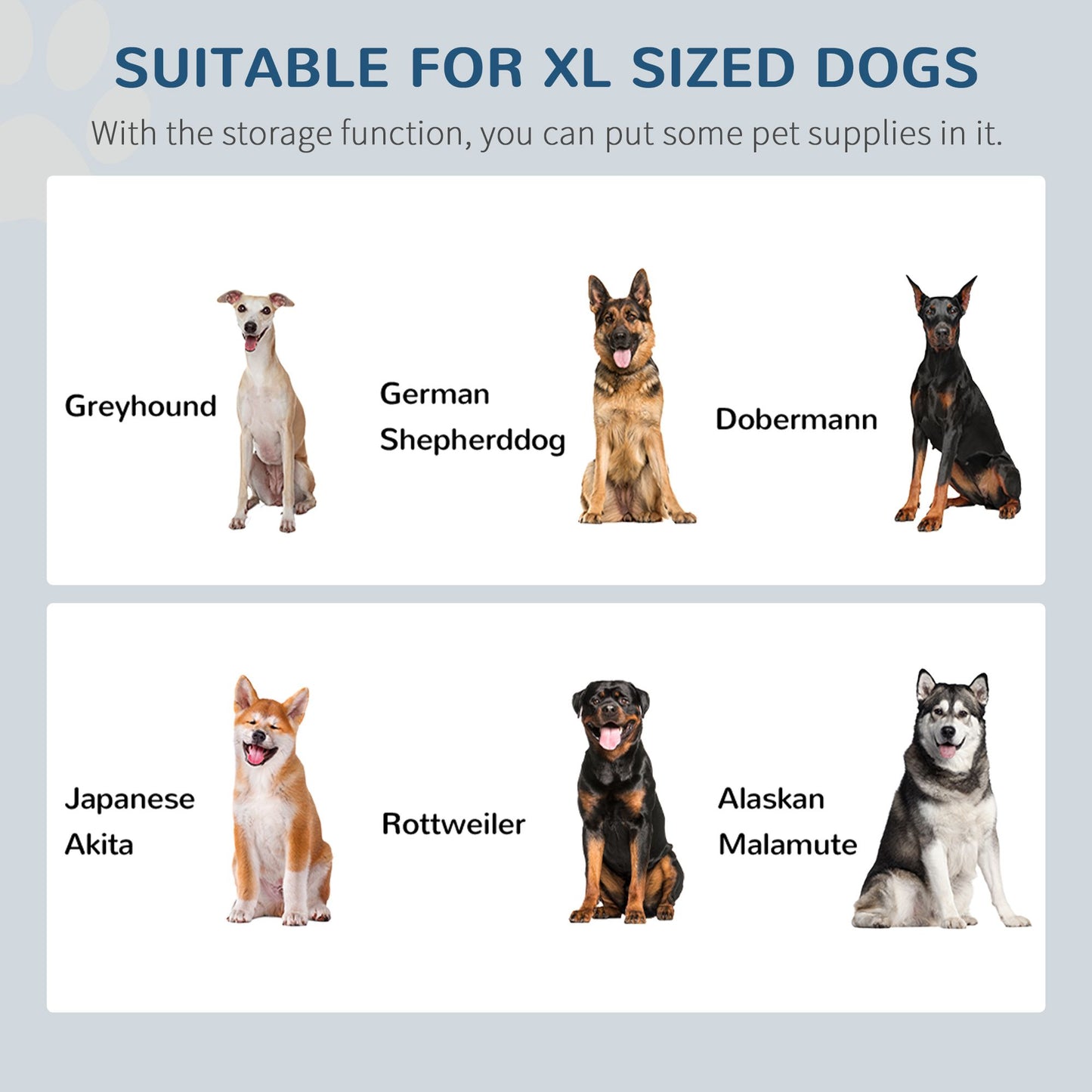 Raised dog feeding station suitable for XL sized dogs including Greyhound, German Shepherd, Dobermann, Japanese Akita, Rottweiler, and Alaskan Malamute