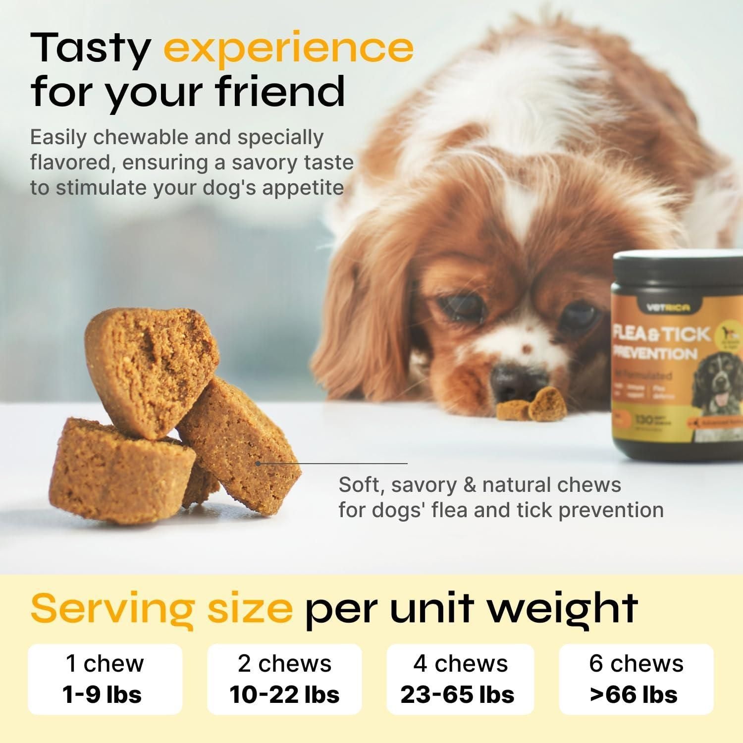 Dog flea tick prevention chews displayed in a stack with a dog sniffing and product container in the background