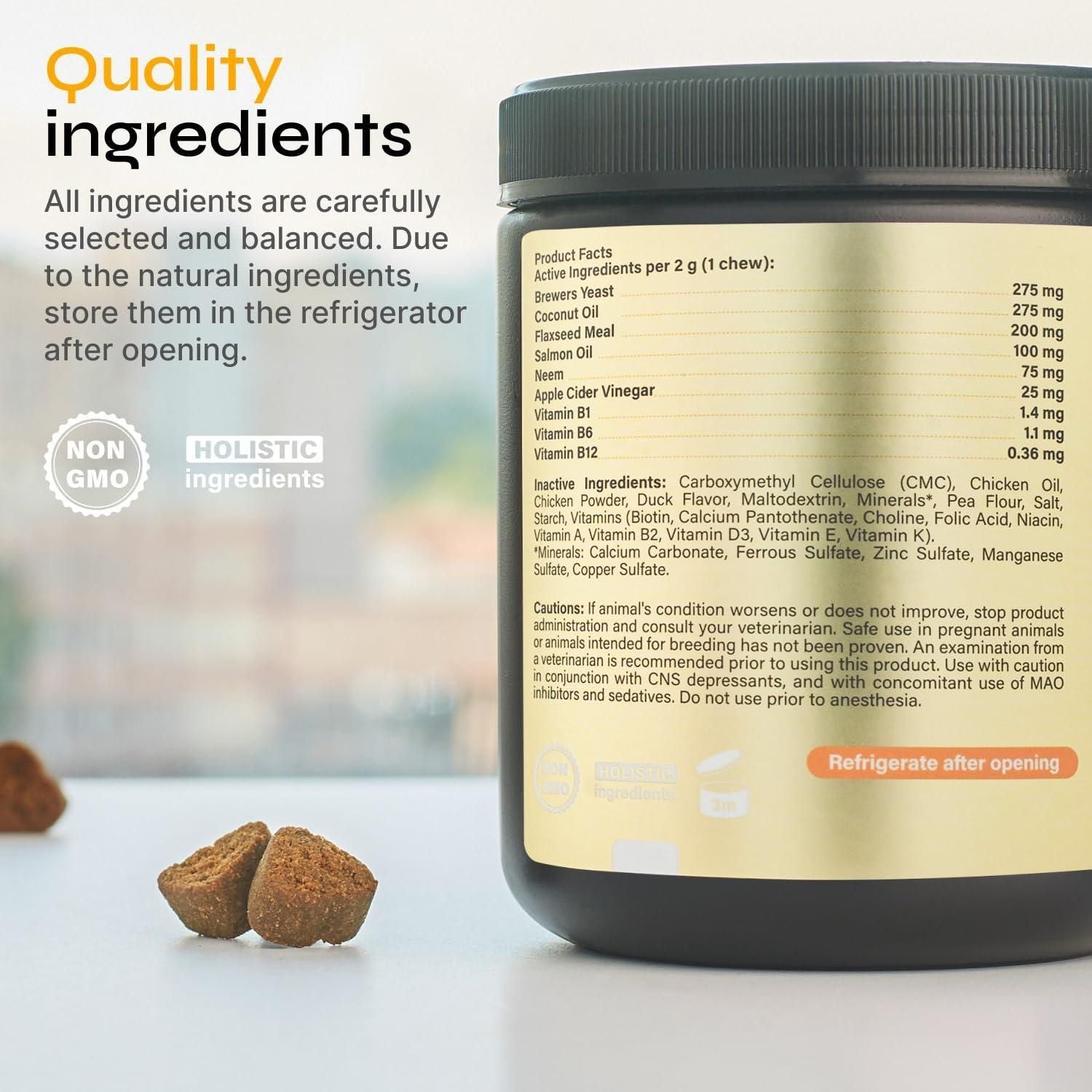 Dog flea tick prevention chews container with natural ingredient list and two chews displayed
