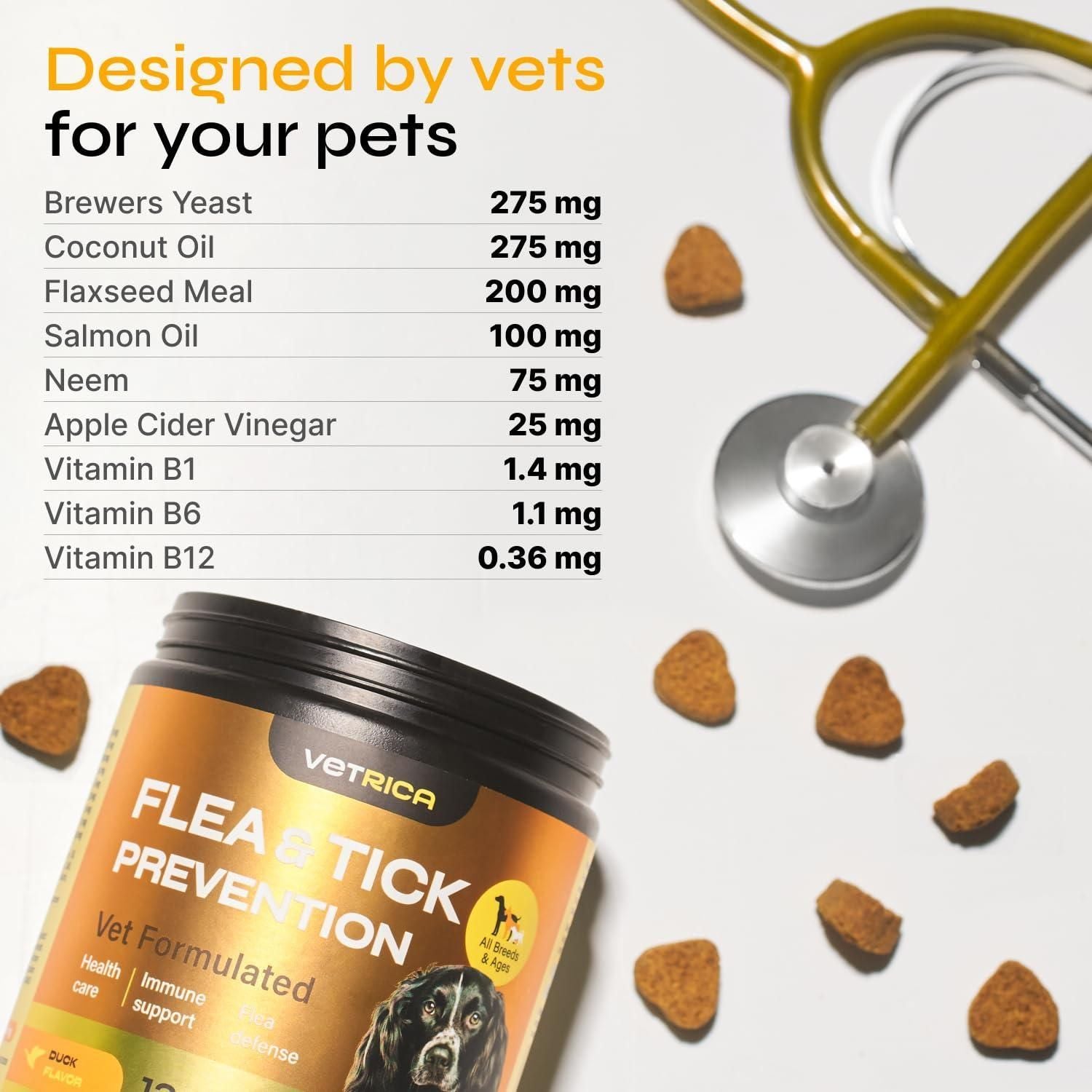 Vetrica dog flea tick prevention chews bottle with ingredients list and scattered chews next to a stethoscope