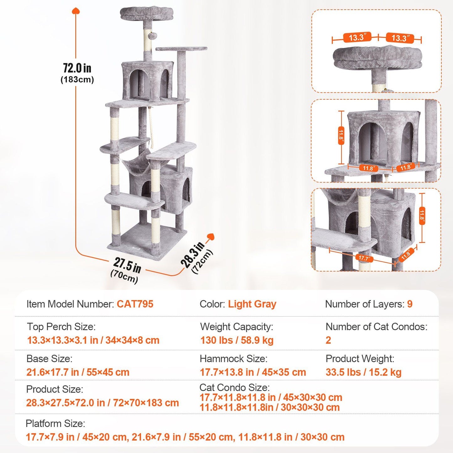72 inch cat tree with condos in light gray, featuring multiple levels and hammocks for playful cats