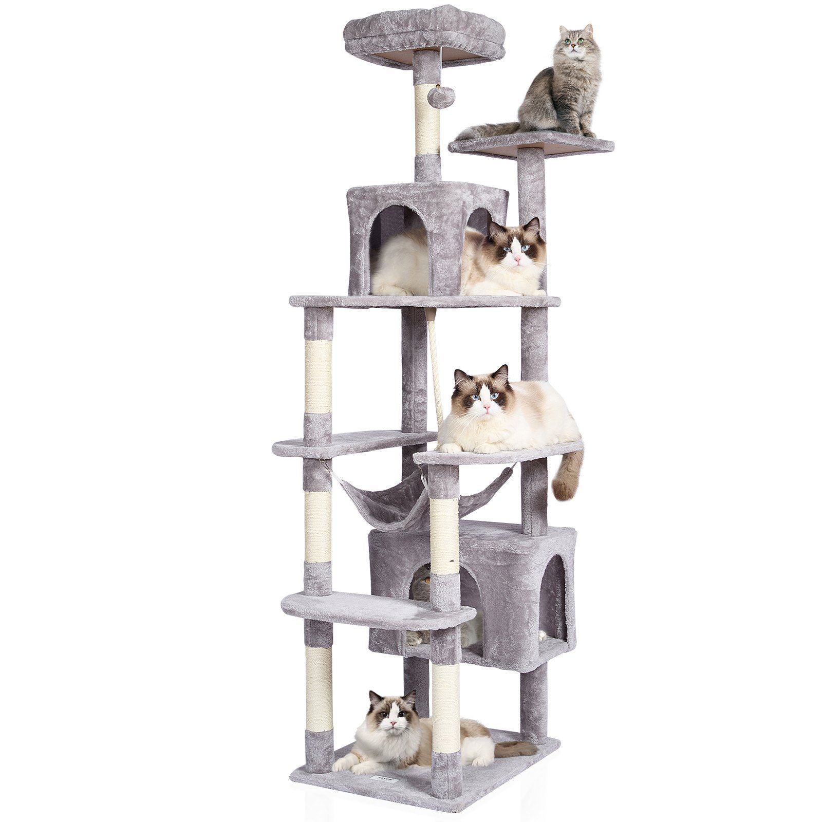 72 inch cat tree with condos for climbing and lounging, featuring multiple levels and soft surfaces