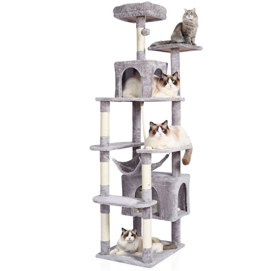 72 inch cat tree with condos for climbing and lounging, featuring multiple levels and soft surfaces