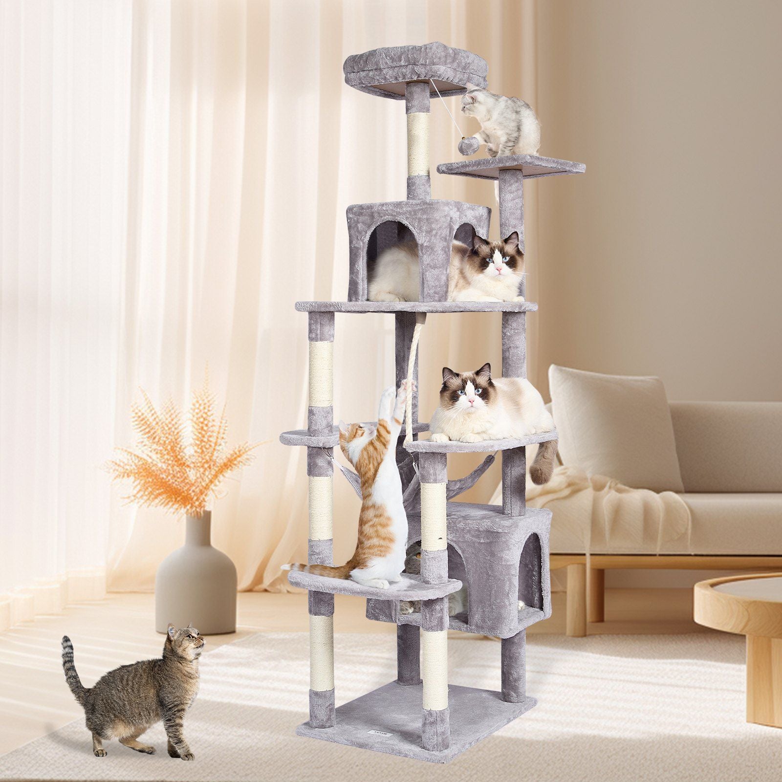 Stylish 72 inch cat tree with condos featuring multiple platforms for active play and relaxation