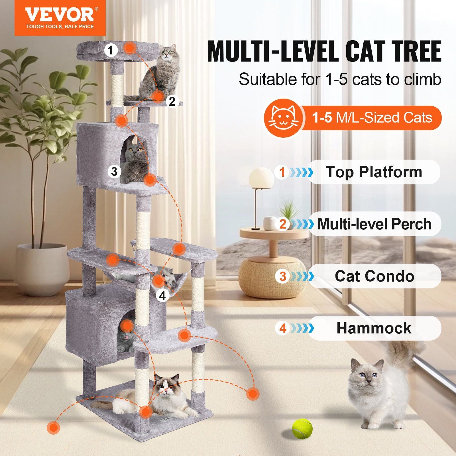 72 inch cat tree with condos for climbing, featuring multiple levels and a cozy hammock