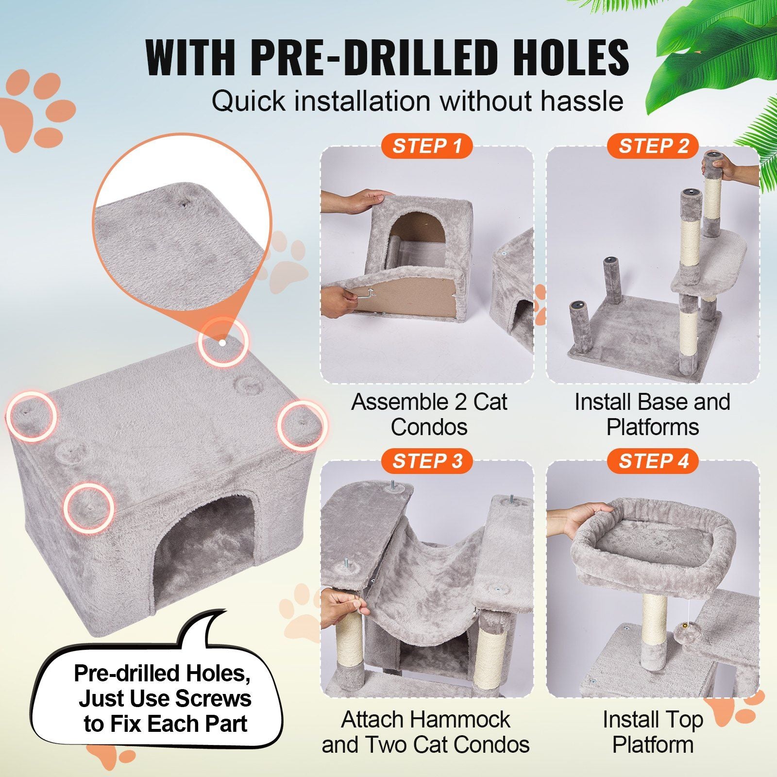 Instructional guide for assembling 72 inch cat tree with condos showing step-by-step setup process