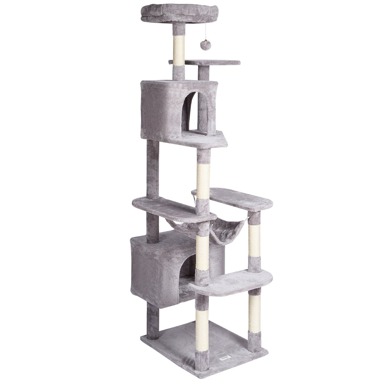 Gray 72 inch cat tree with condos featuring multiple platforms and scratching posts for active cats
