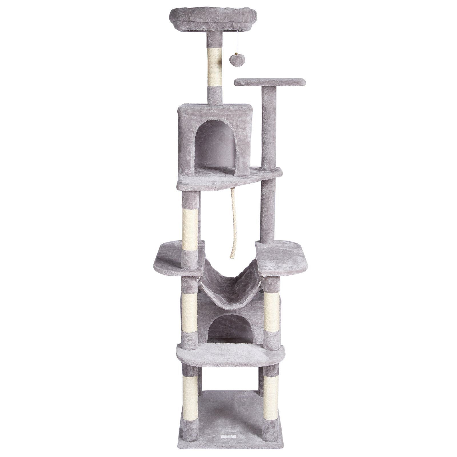72 inch cat tree with condos featuring multiple levels, scratching posts, and a hanging toy for active cats