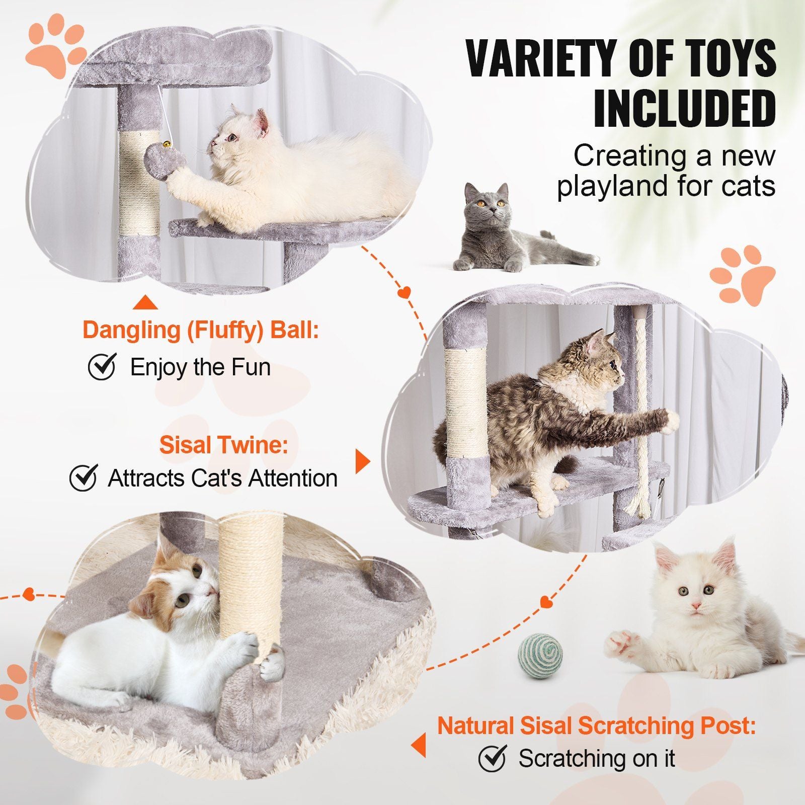 72 inch cat tree with condos featuring toys, scratching posts, and cozy spots for play and rest