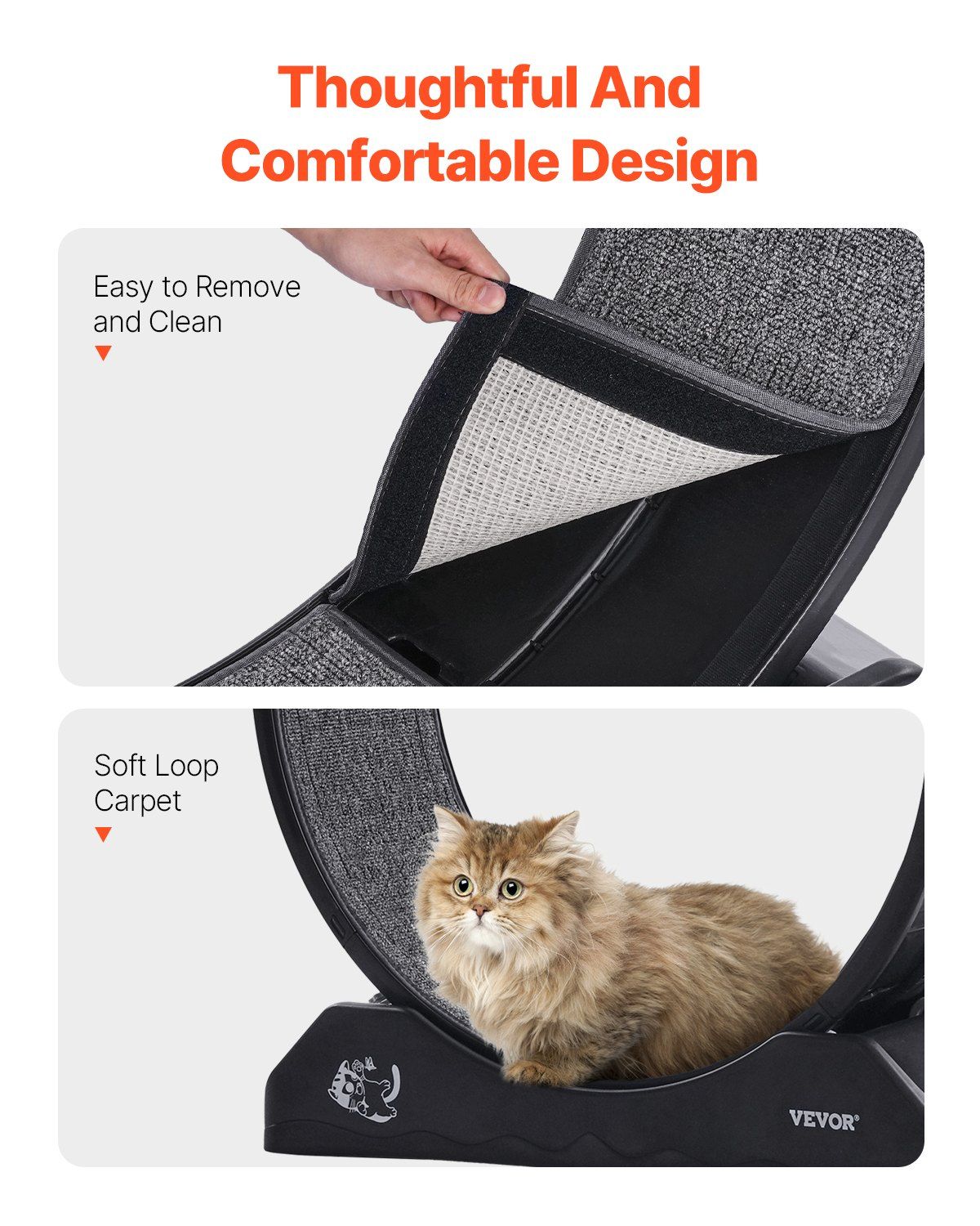 Cat exercise wheel indoor with easy-to-clean design and soft loop carpet for comfort