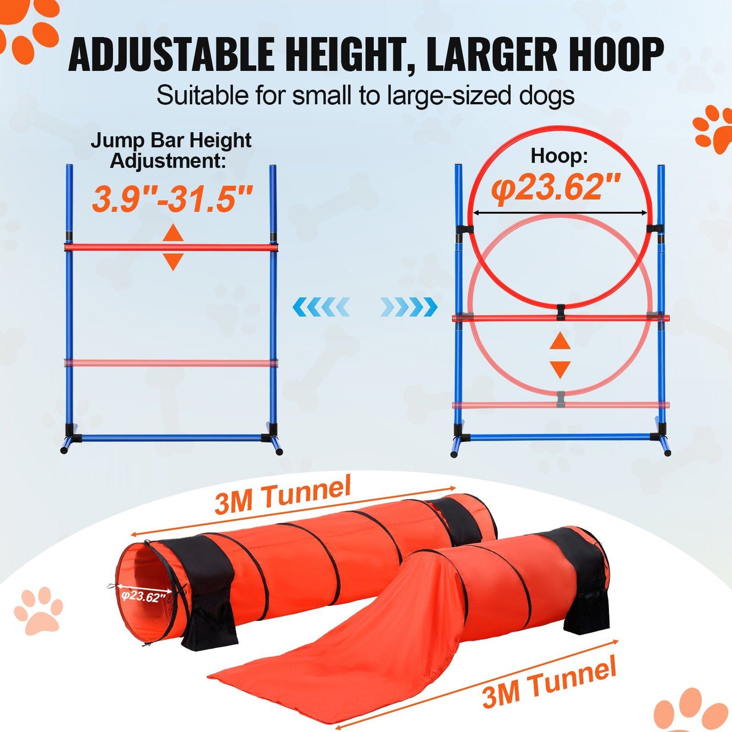 Dog agility training set with adjustable jump bars and a large 3 meter red tunnel for dogs