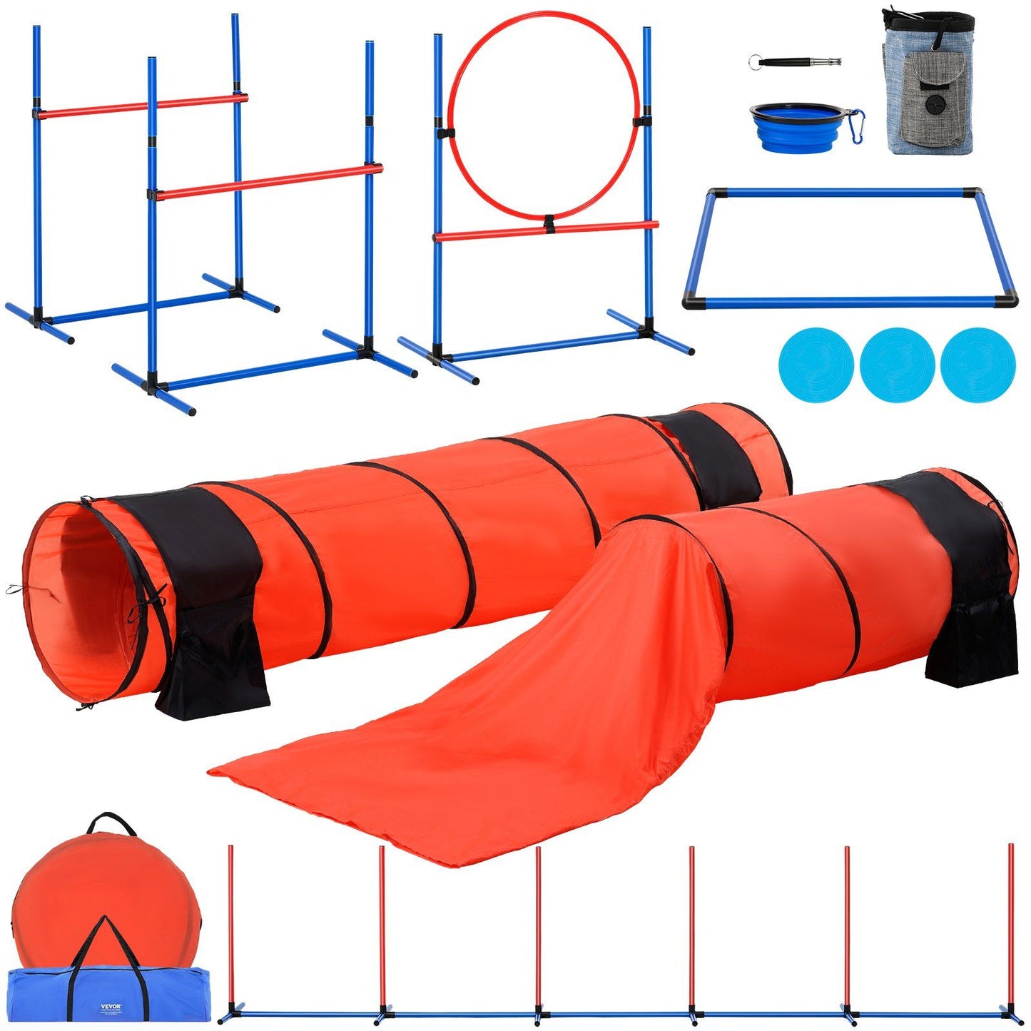 Complete dog agility training set with hurdles, tunnels, hoop, weave poles, training cones, and carrying bag