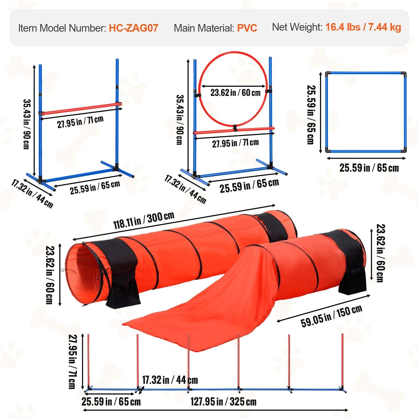 Dog agility training set with adjustable jump bars, hoop jump, and tunnels for pet exercise