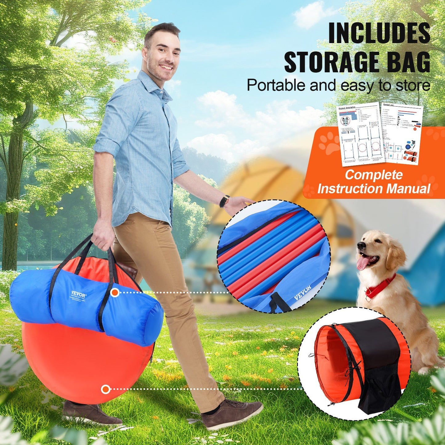 Man carrying dog agility training set with storage bag and instruction manual outdoors on grass