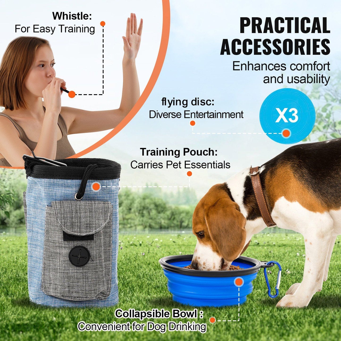 Dog agility training set with whistle, flying disc, training pouch, and collapsible bowl for pet essentials