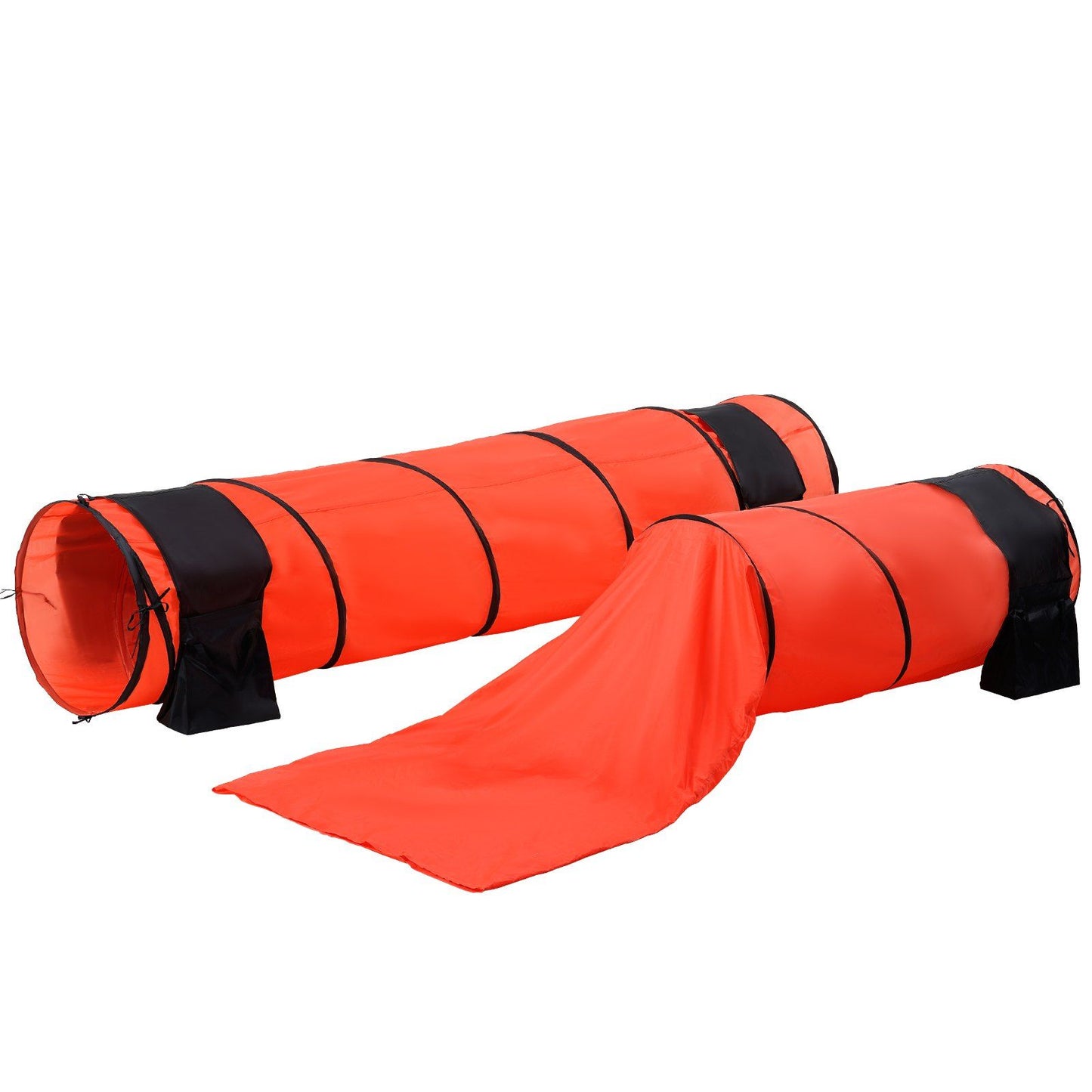 Bright orange dog agility training set with tunnels for active pet exercise and skill building