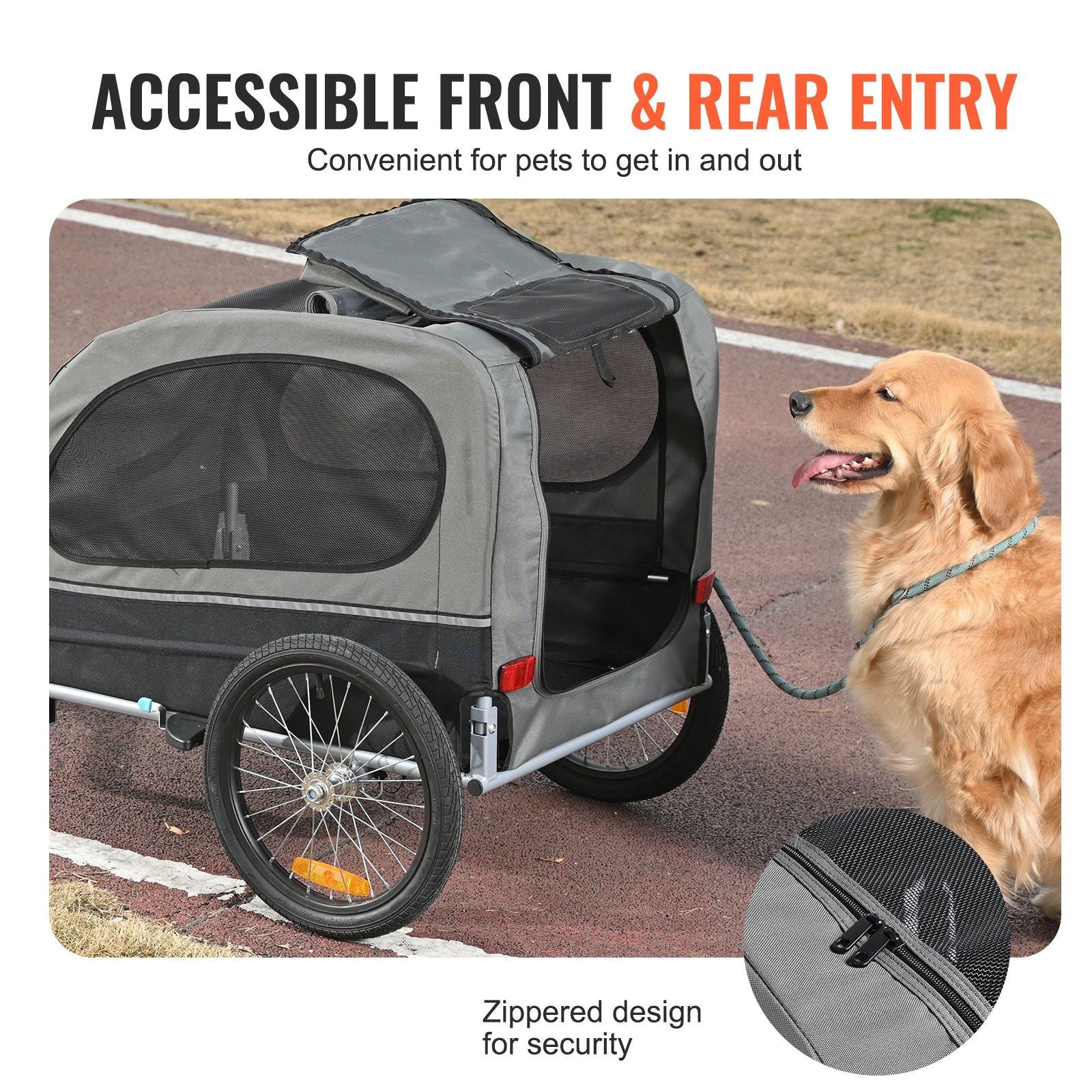 Dog bike trailer for large dogs with accessible front and rear entry and zippered security design