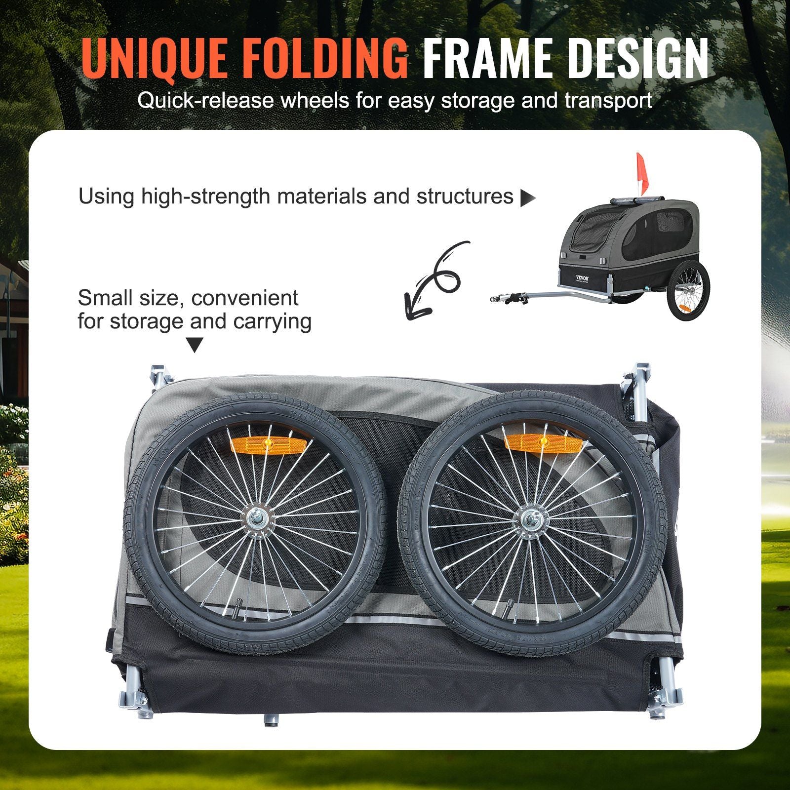 Dog bike trailer for large dogs with unique folding frame design and quick-release wheels for easy storage