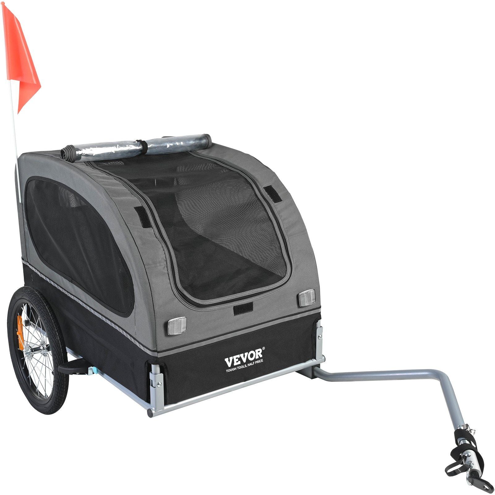 Gray dog bike trailer for large dogs with mesh windows and safety flag for secure outdoor rides