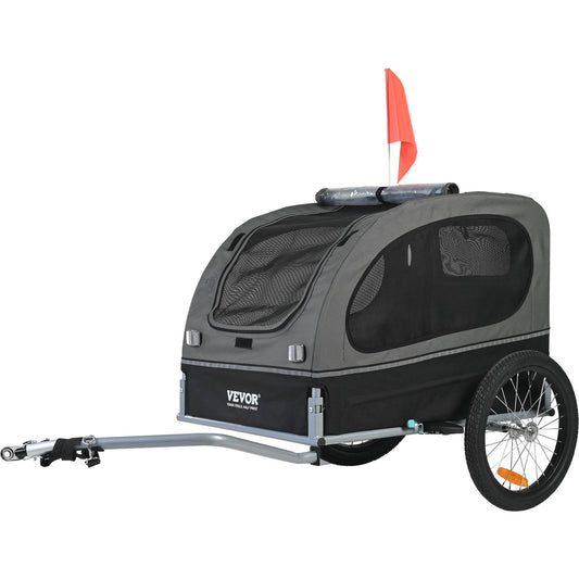 Gray and black dog bike trailer for large dogs with mesh windows and safety flag for outdoor rides