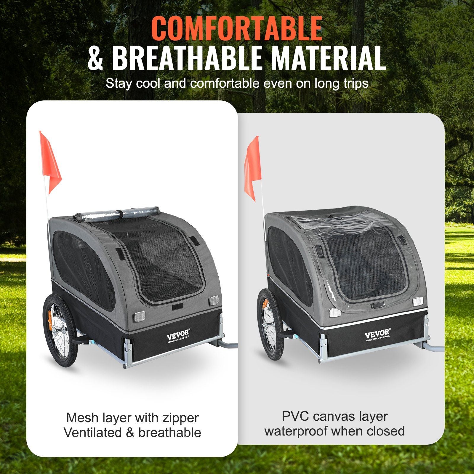 Dog bike trailer for large dogs with breathable mesh and waterproof PVC canvas for comfortable rides