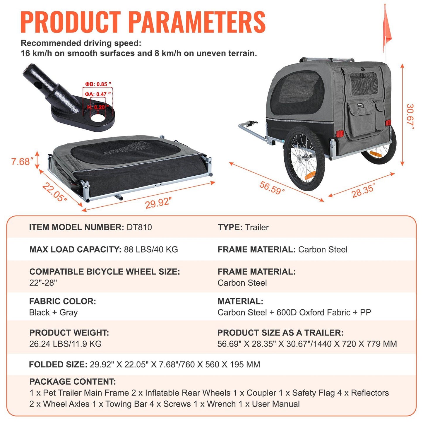 Dog bike trailer for large dogs in black and gray with carbon steel frame and inflatable rear wheels
