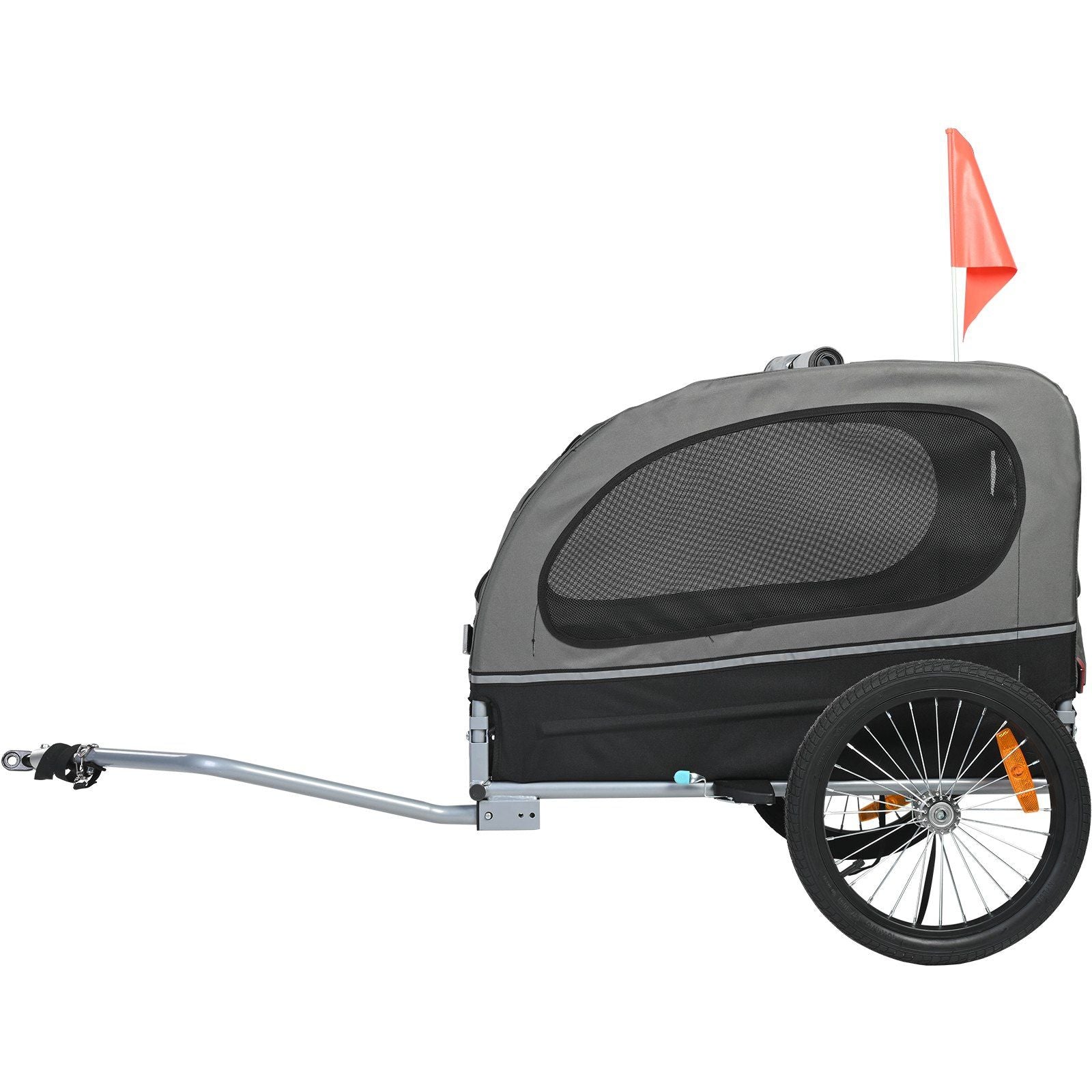 Gray dog bike trailer for large dogs with mesh windows and safety flag by PawCounter.com