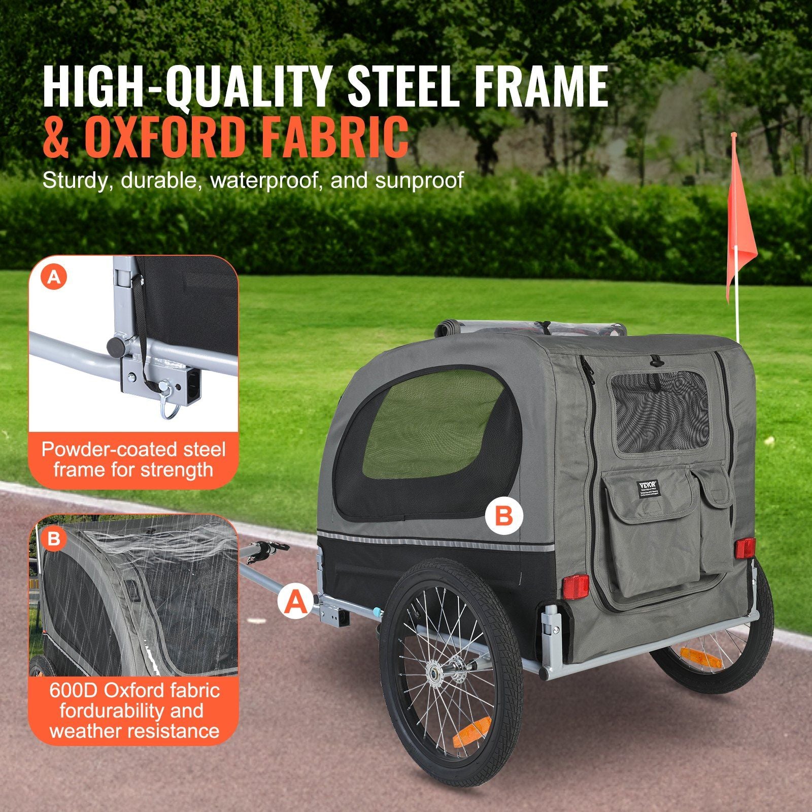 Dog bike trailer for large dogs with high-quality steel frame and durable waterproof Oxford fabric