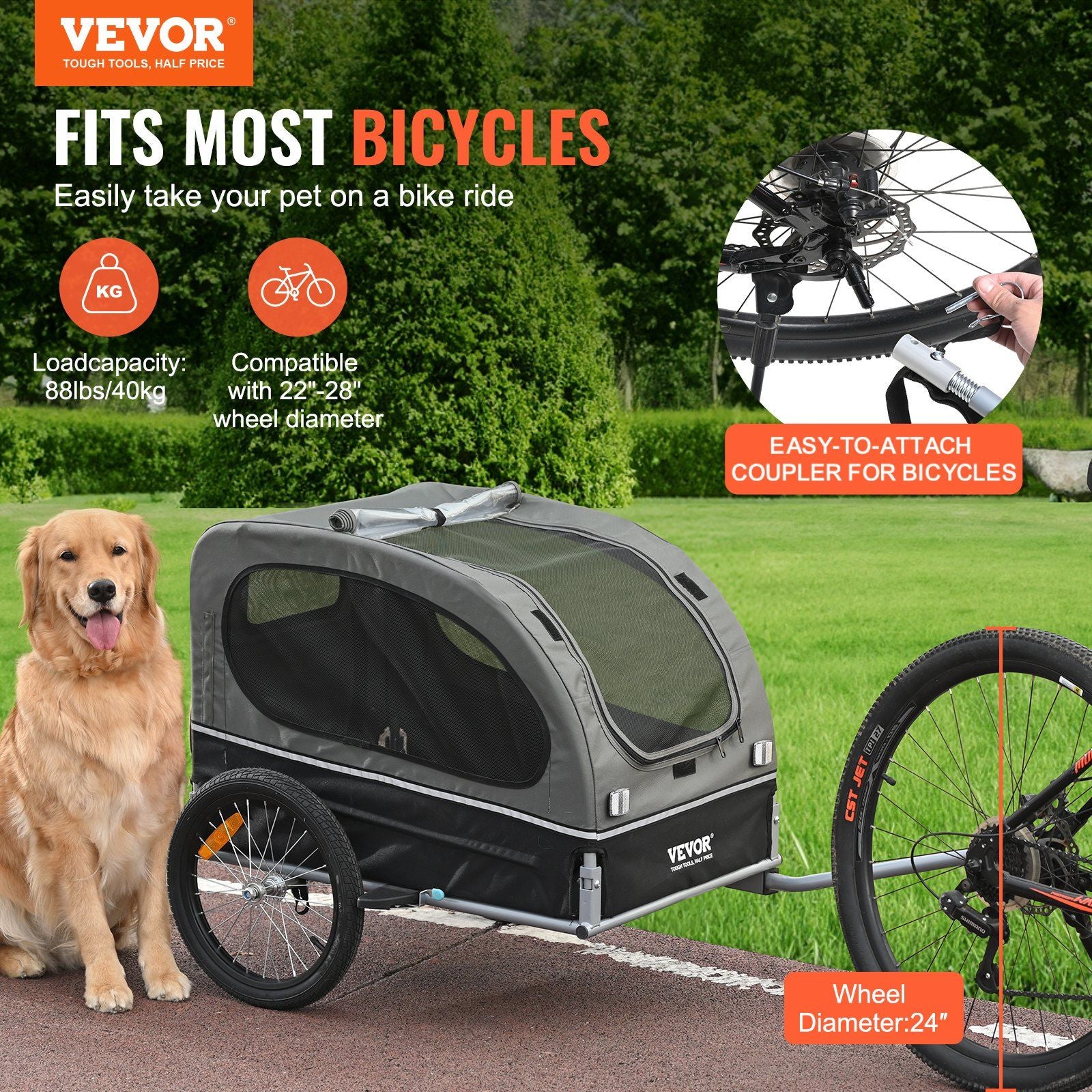 Dog bike trailer for large dogs by PawCounter.com with easy-to-attach bicycle coupler and 88lbs load capacity