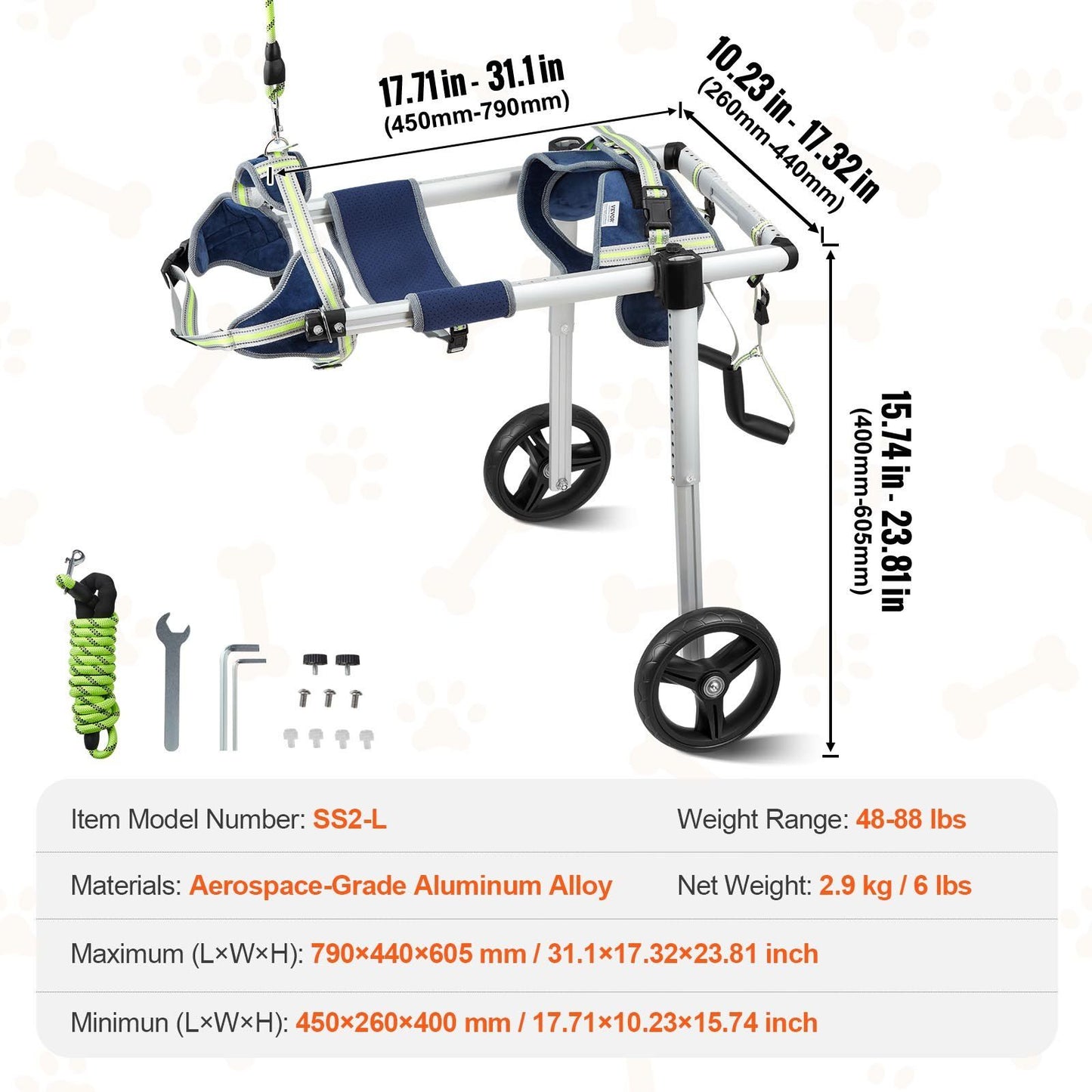 Adjustable dog wheelchair for back legs with aerospace-grade aluminum frame and two rear wheels