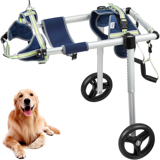 Adjustable dog wheelchair for back legs with supportive harness and two wheels for mobility aid