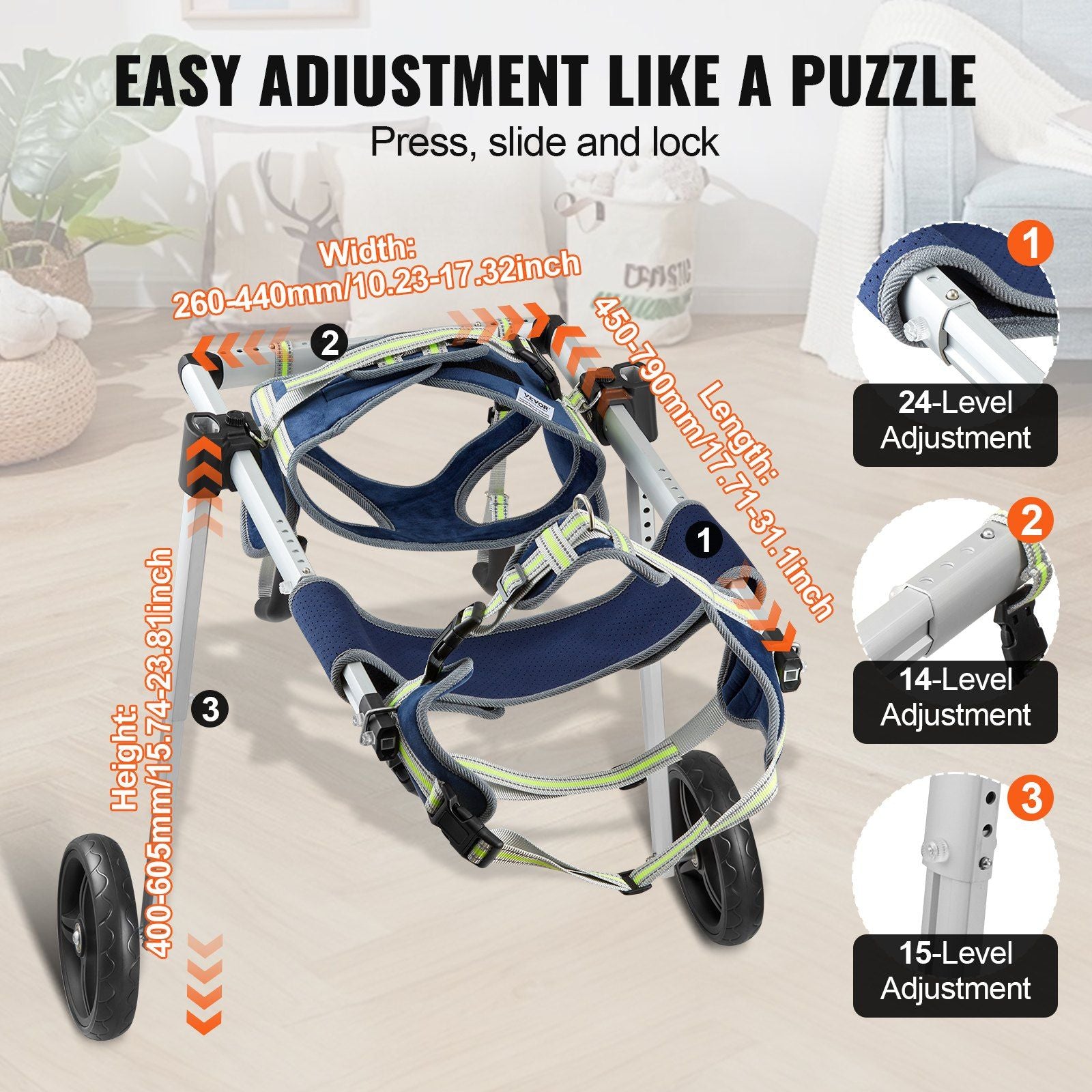 Adjustable dog wheelchair for back legs with 24 level, 14 level, and 15 level adjustments for height width and length