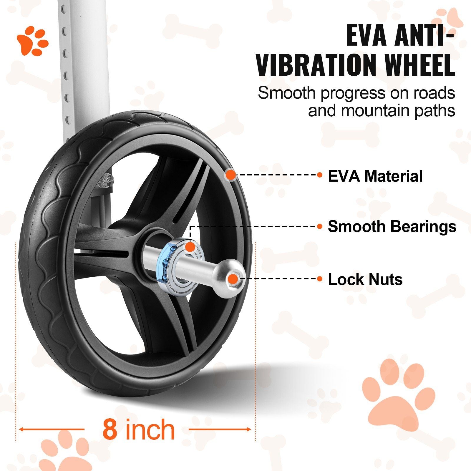 8 inch EVA anti-vibration wheel with smooth bearings and lock nuts for dog wheelchair for back legs