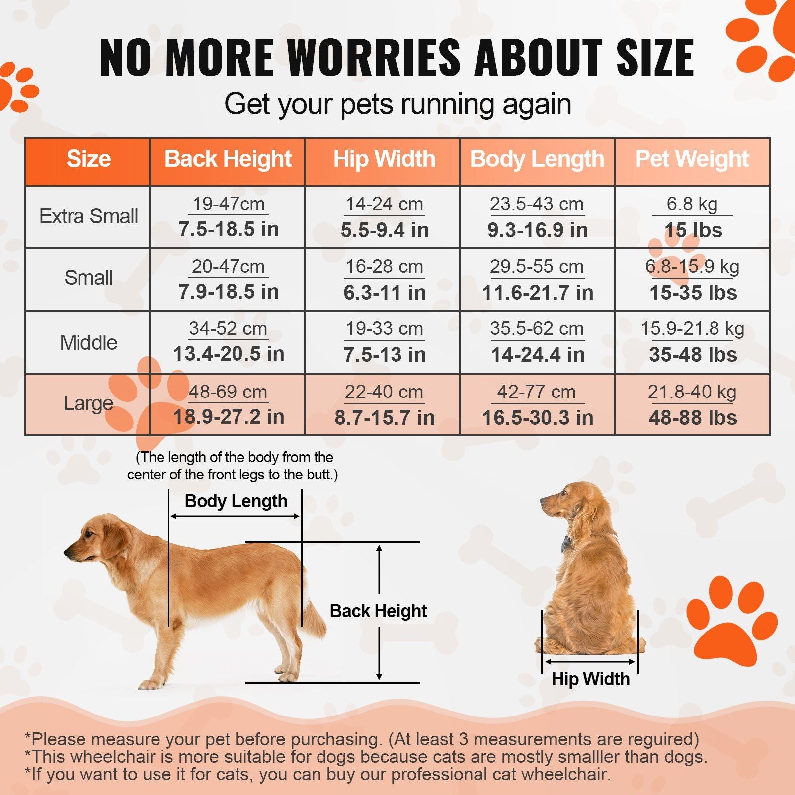 Size chart for dog wheelchair for back legs showing measurements for back height hip width body length and pet weight