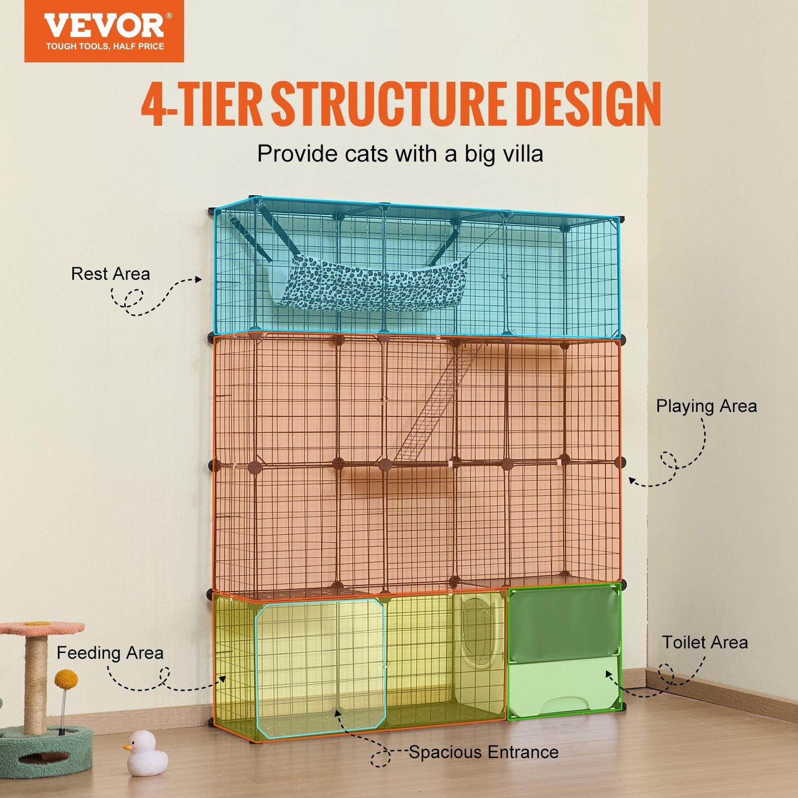 Large cat cage metal with 4-tier structure including rest, playing, feeding, and toilet areas for cats