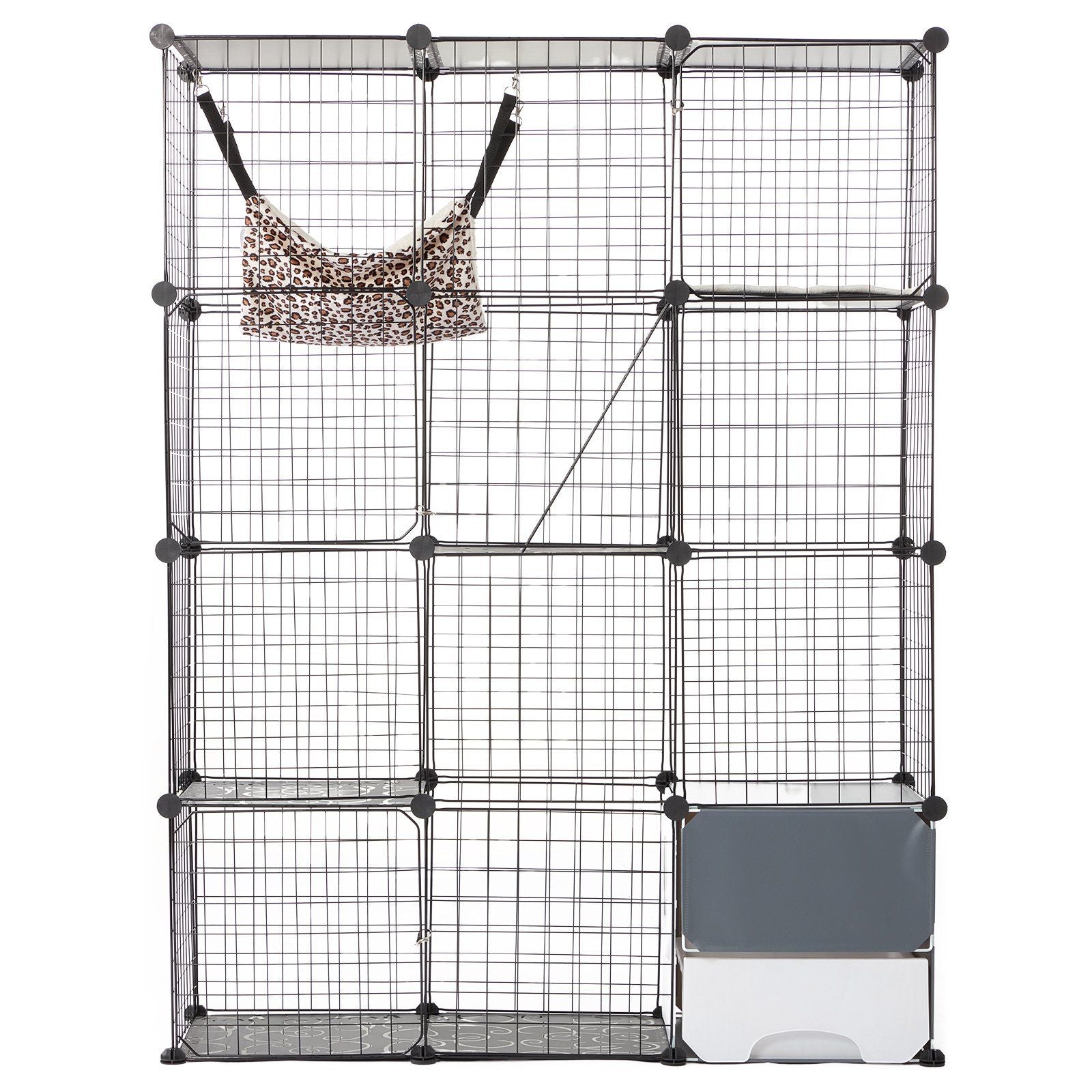 Large cat cage metal with multiple wire grid panels and attached leopard print hammock