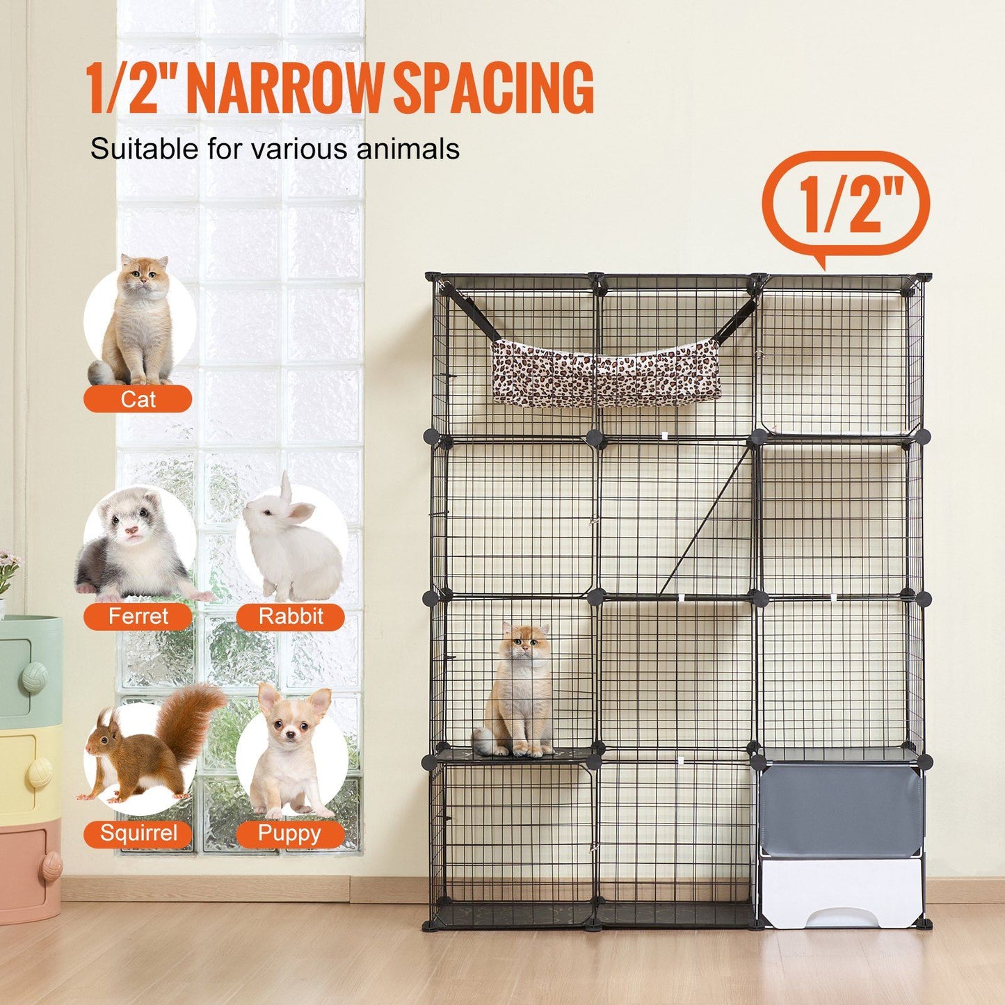 Large cat cage metal with 12 inch narrow spacing suitable for cats and small animals indoors