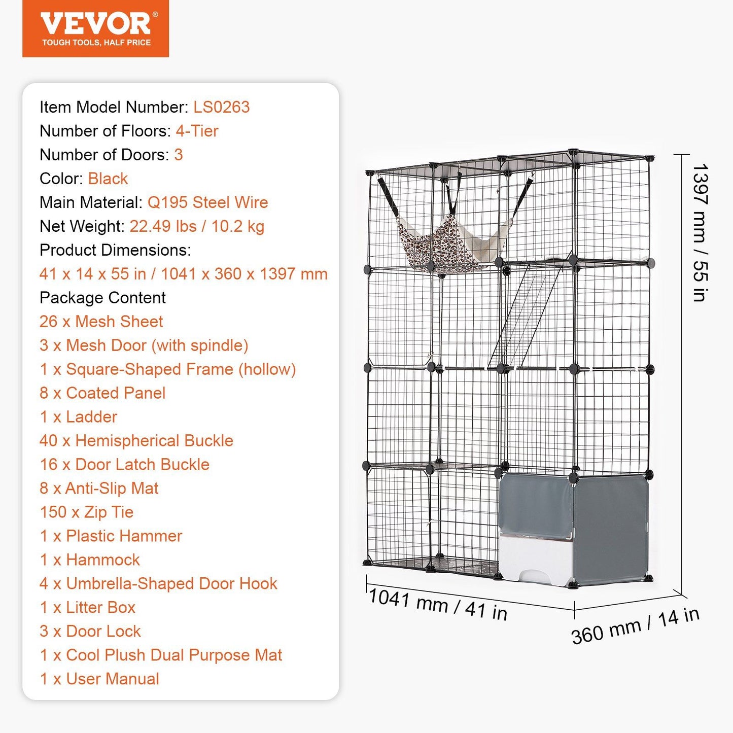 Large cat cage metal with 4 tiers 3 doors black steel wire durable design by PawCounter.com