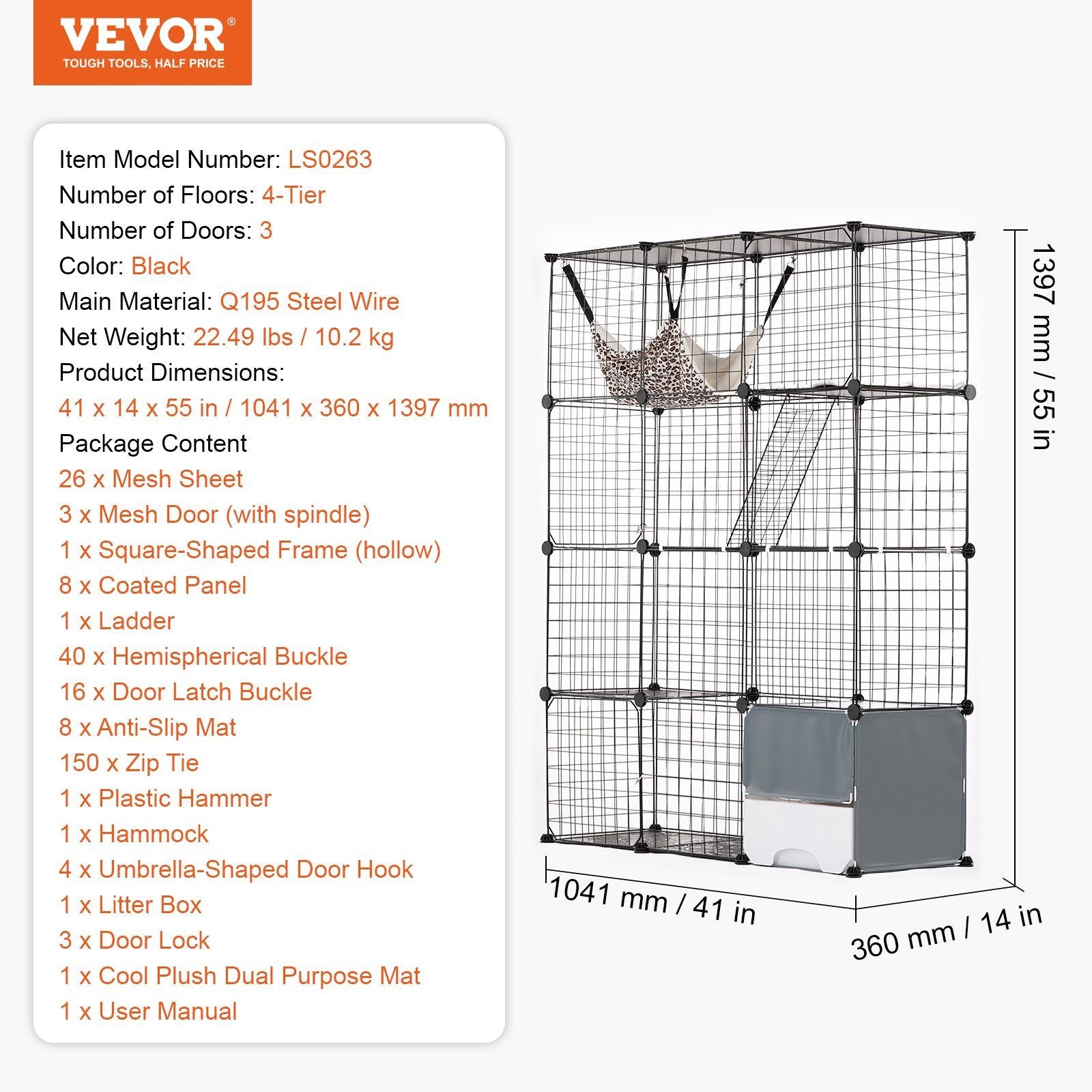Large cat cage metal with 4 tiers 3 doors black steel wire durable design by PawCounter.com