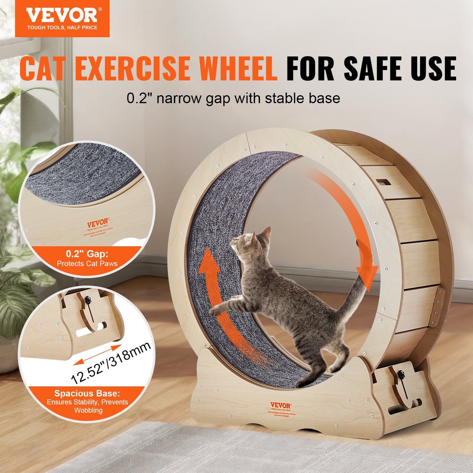 Large cat exercise wheel made of wood with non-slip surface and stable base for safe use